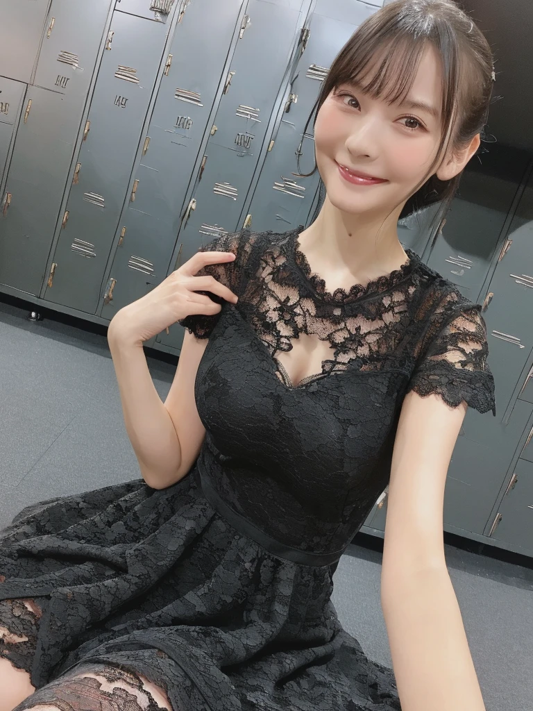 (masterpiece:1.5),(highest quality:1.5),(Highest quality:1.5),(8K:1.5),(Watching the audience),(Big Breasts:1.3),smile,(locker room:1.2),(Black lace dress:1.2),Slender,Narrow waist,Beautiful and thin legs