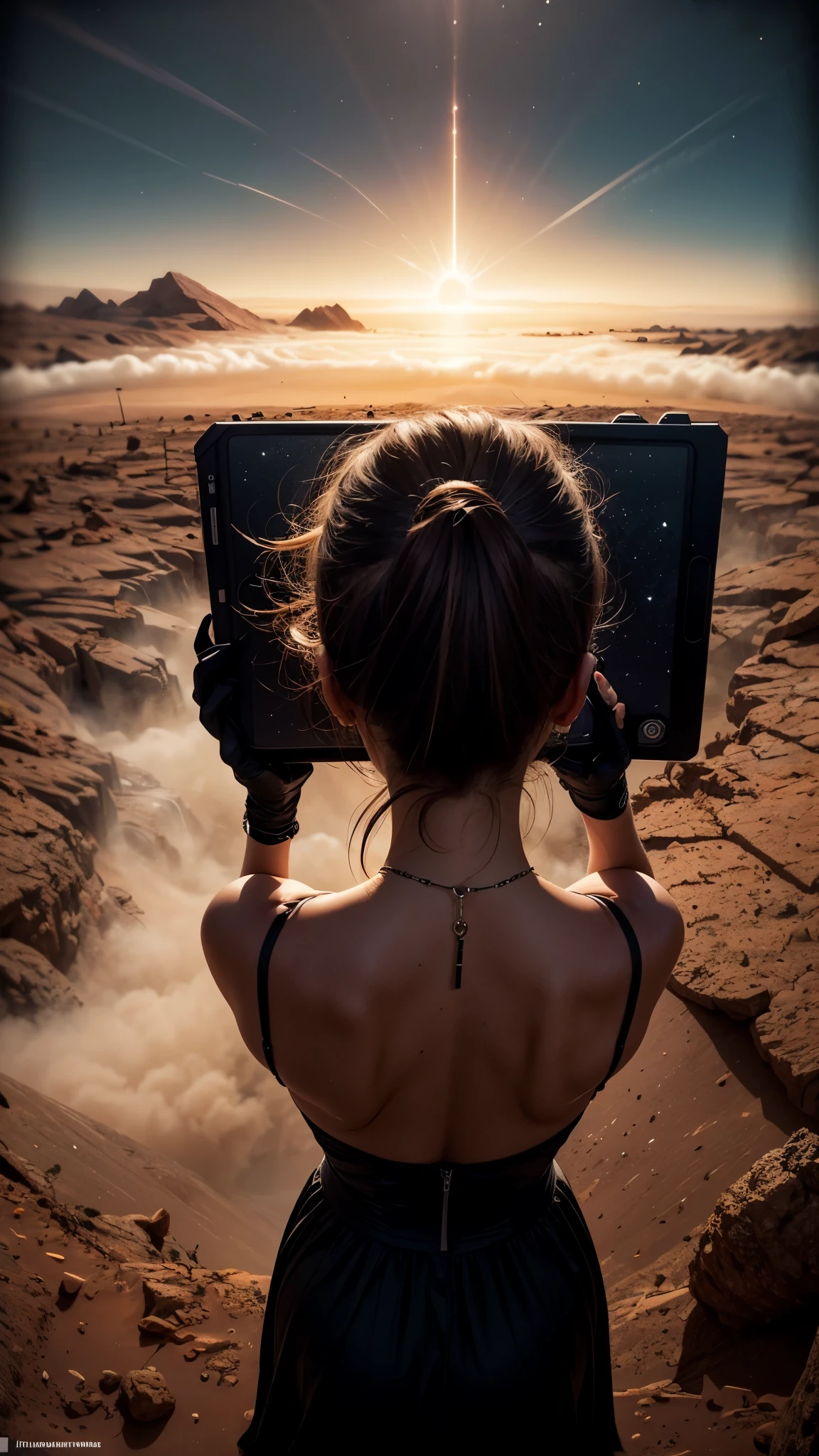 fit body, (big ass), [wide hips], rusty red Martian terrain, mars dust scattered floating in air, (mountain:0.8), (lens flare:0.7), (cross-processing), (highly detailed), (cinematic lighting:1.1), sharp shadows, intricately detailed, photographed on a Hasselblad 500, 80mm F2.8 lens, with Cinestill 800T film, cinematic contrast, outdoors, ((on Mars)), space exploration, journey, nasa-punk, ultra altamente detalhado, 32k, sharp focus, luminismo, Detailed oil painting, lua, detailed sky, lobo escuro com grande altamente detalhado, por Anato Finnstark . paisagem detalhada, Aesthetics of Northern Tales, Dynamic movement, grandes olhos reflexivos, floresta,brilhante, folhas rodopiantes, emerald fog, mystic, fundo complexo, dynamic lighting, luzes, complicado pose, filigrana altamente detalhada, complicado, baroque, Escola do rio Hudson, Thomas Cole, obra de arte, vivid colours, wide angle lens, HDR, hard shadows, art photography, soft focus, masterpiece, breathtaking, atmospheric perspective, diffusion, pore correlation, skin imperfections, 80mm Sigma f2, depth of field, intricate natural red lighting, wide angle,

(Best quality, 8k, High Resolution, Masterpiece:1.2), ultra-detailed, (realistic, photorealistic, photo-realistic:1.37), ((Best quality)), ((Masterpiece)), (detailed), looking up from the bottom, (wide angle), (top_view_perspective:1.3)

[photographing from above, high angle shot, realistic view from above, (Overhead view:1.20), top view, looking up from the bottom, (wide angle), (top_view_perspective:1.3)]

[[The character is surrounded by mist, evoking a mysterious and eerie atmosphere. The lighting is dark and atmospheric, with a red smoke adding a touch of sinister ambiance. The image is of the best quality, with a resolution of 4k and HDR enhancement, showcasing the utmost level of detail and realism, sfw, full body shot. View from above. (1woman)]]