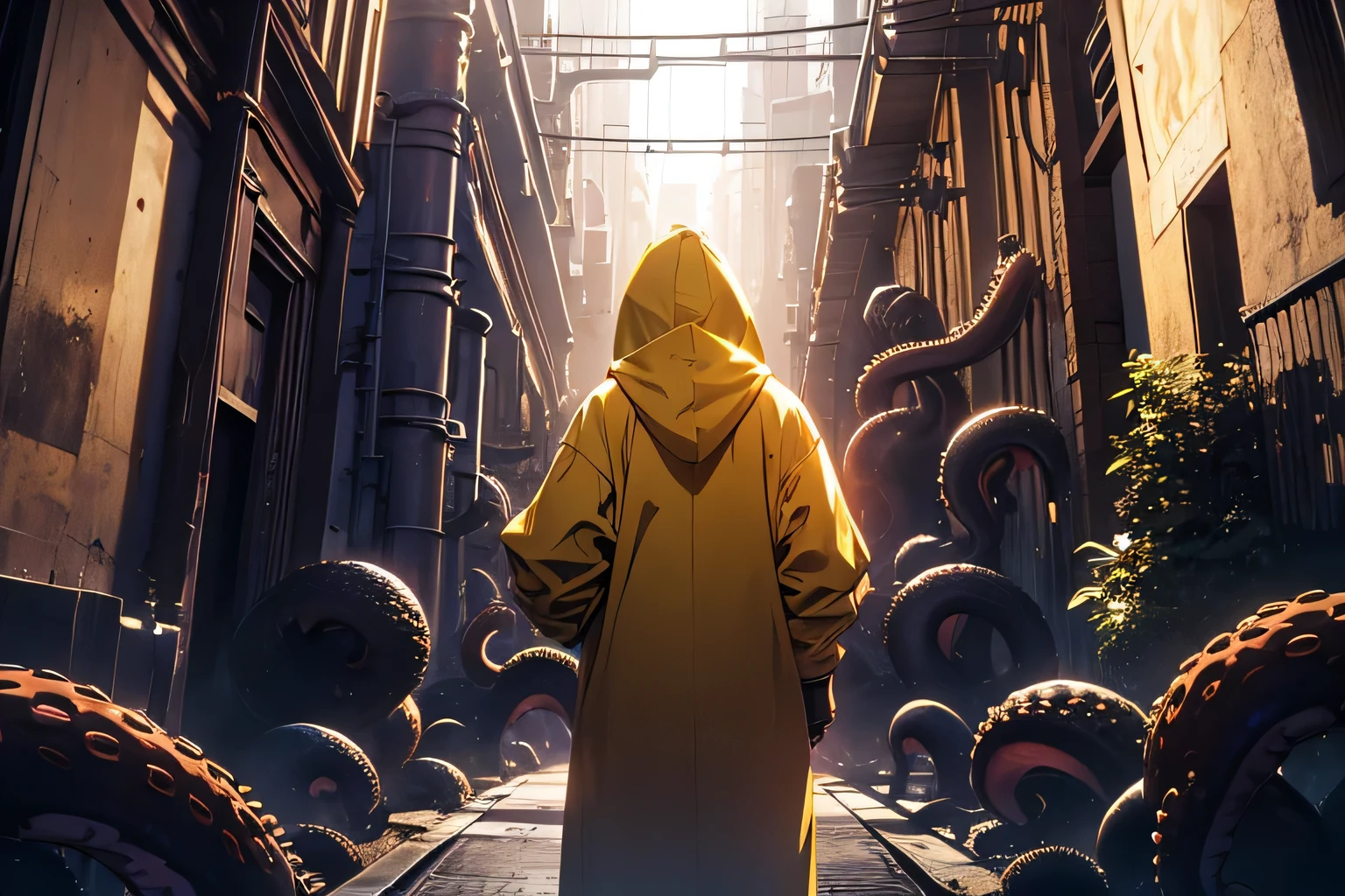 (masterpiece, Absurd, High resolution, Super detailed), 1 person, Octopus Villain、Hastur、yellow hoodie、Back view