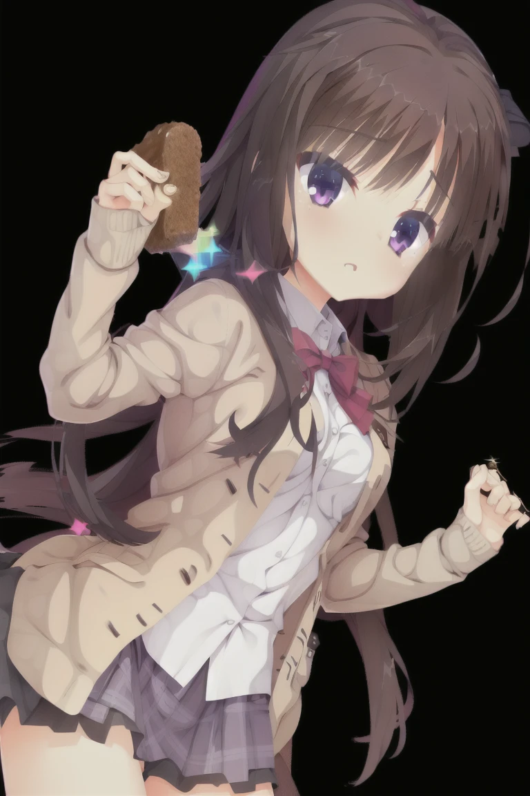 1girl,solo,dark_blown_hair,bob_hair,gray_sweater,baggy_sweater,skirt,plaid,brown_plaid_skirt,brown_plaid_skirt,long_pencil_skirt,stocking,black_stocking,expensive_solve, clear_image, expensive_Contrast, 8k, Sparkling, beautiful_detailed_face_and_eye, (Dark Brown Hair:1.25), 白 eye,Black background