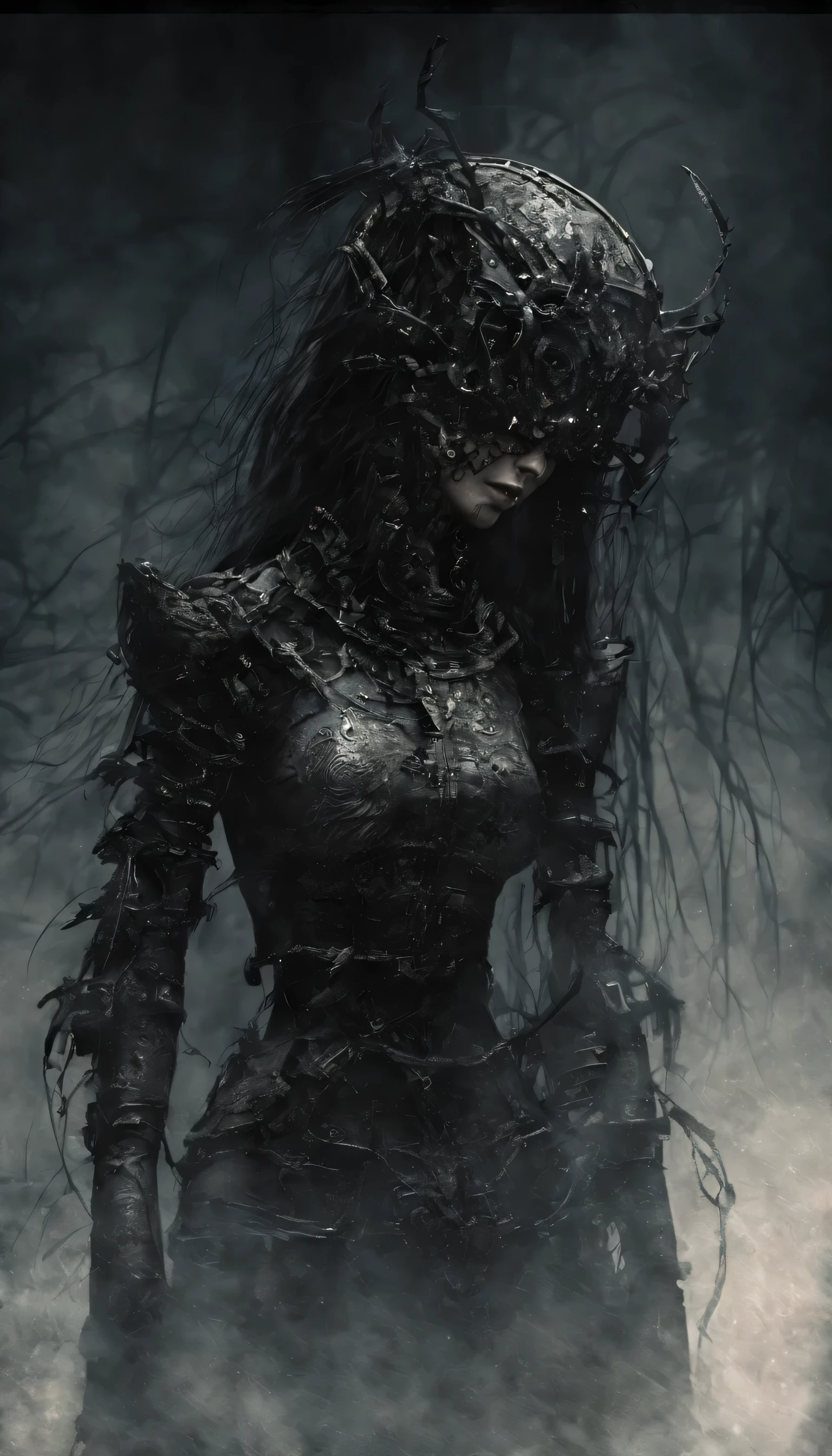 Portrait Beautiful Cyborg Warrior Woman in Rusty Magic Style, Ascenso cyberpunk, Cyber Software, ciborg, fibras de carbono, cromar, Implantes, Calavera de metal, Cybernetic plate armor, (atmosfera oscura:1.2), (niebla & Humo ondulando), (Es noche oscura:1.3), Las cicatrices, (cabello oscuro peludo de longitud media:1.1), (sombras de ojos:1.1), (brillo bellamente detallado:1.2), (cinematic lighting), Detalles intrincados, A high resolution, ojos redondeados, Detailed facial features, sharp focus, liso, aesthetic, Fondo oscuro detallado de la planta industrial, Poses elegantes, dynamicposes, (dramapaint)