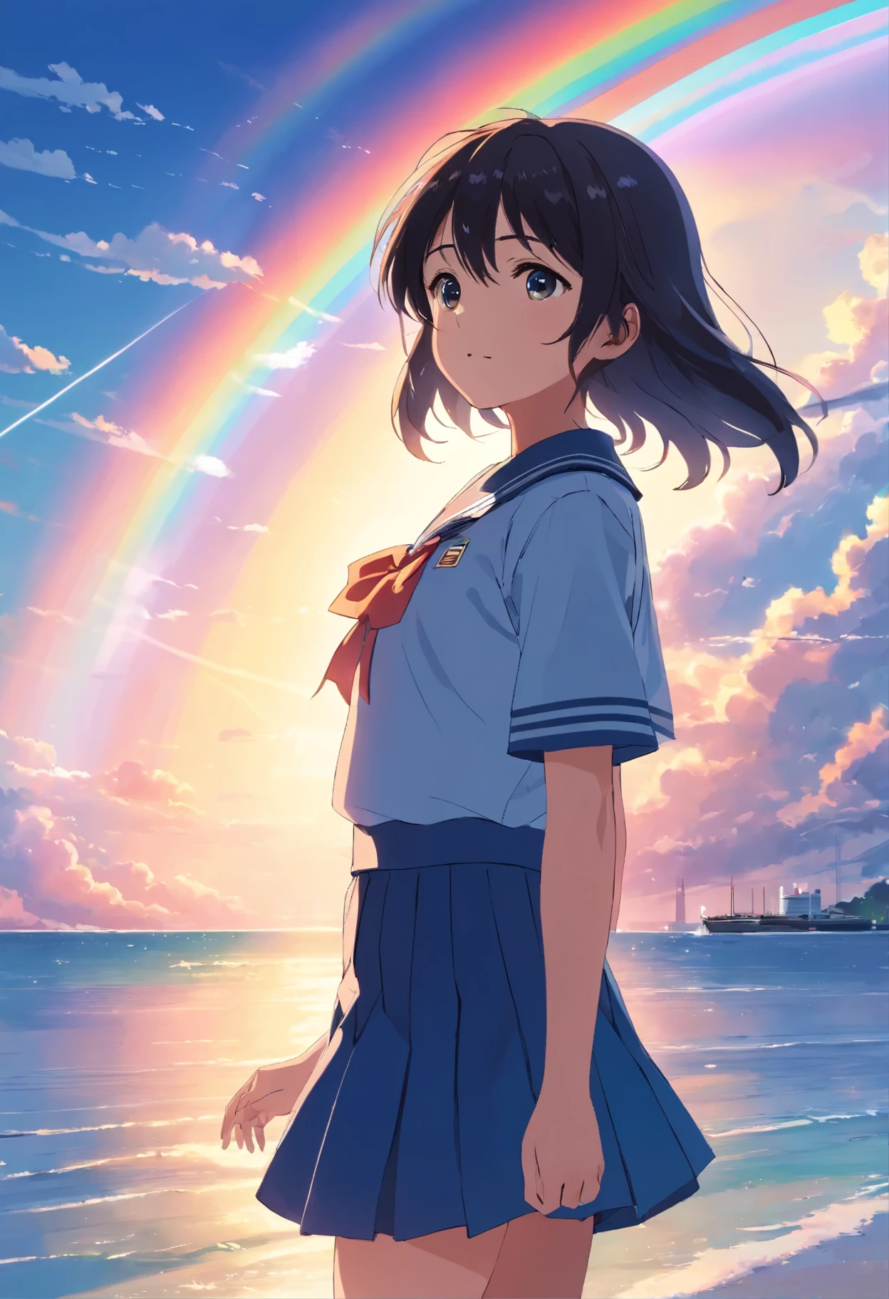 masterpiece, highest quality, Movie stills, One girl, Japanese Uniform,Sailor suit,Rainbow in the sky, bright, Happy, Black Hair,Long Straight