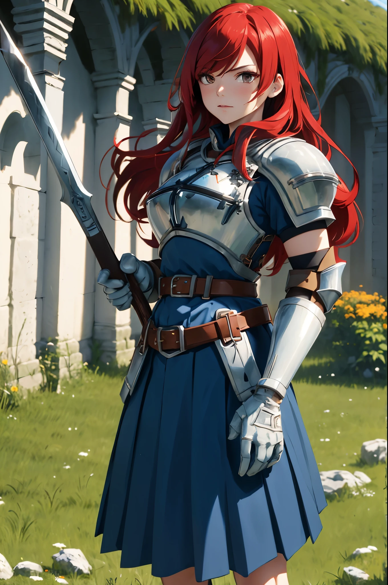 Masterpiece, Best Quality, hight resolution, fairytale, 1girl, Long hair, red hair, Brown eyes, bronya, shoulder armor, Mittens, breastplate, armored dress, belt, pleated skirt, Blue skirt, hair above one eye, field, grass, Standing, Cowboy shot, holding weapon, sword,