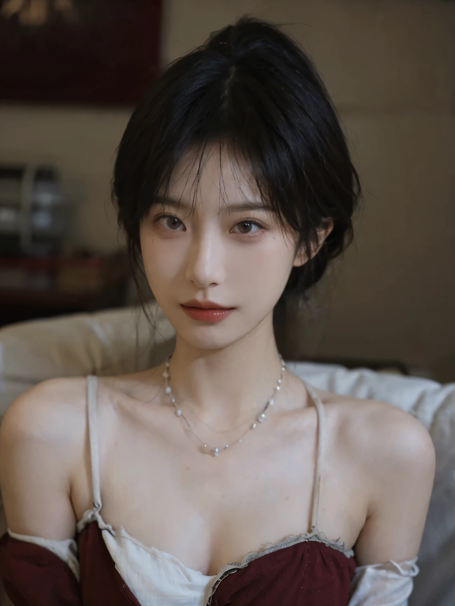 Film portrait photography, 2 girls, Bare shoulders,Lipstick,(flat chest:1.4), Wear a necklace,Cute expression,Exquisite makeup,Red suspenders,serene, calm, (Realistic and detailed eyes, Natural skin texture, Realistic facial details), Big breasts:1.6,Big Breasts,Soft dramatic lighting, Depth of Field, Bokeh, Vibrant details, Detailed and detailed, Surreal, 35mm film, hazy, ,