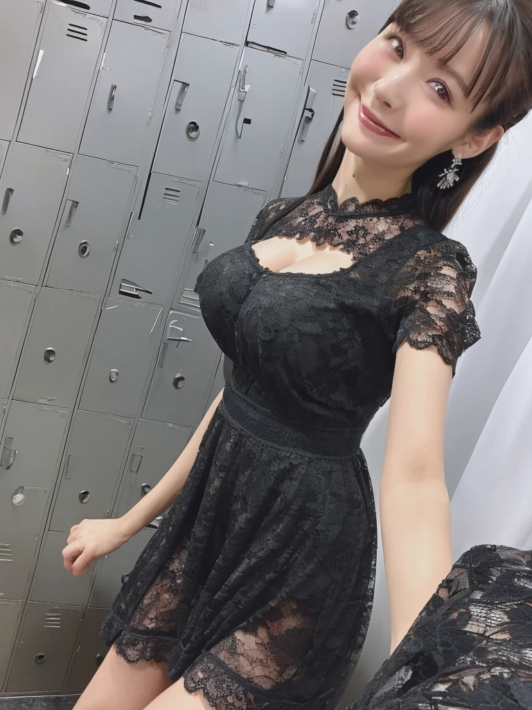 (masterpiece:1.5),(highest quality:1.5),(Highest quality:1.5),(8K:1.5),(Watching the audience),(Big Breasts:1.3),smile,(locker room:1.2),(Black lace see-through dress:1.2),Slender,Narrow waist,Beautiful and thin legs