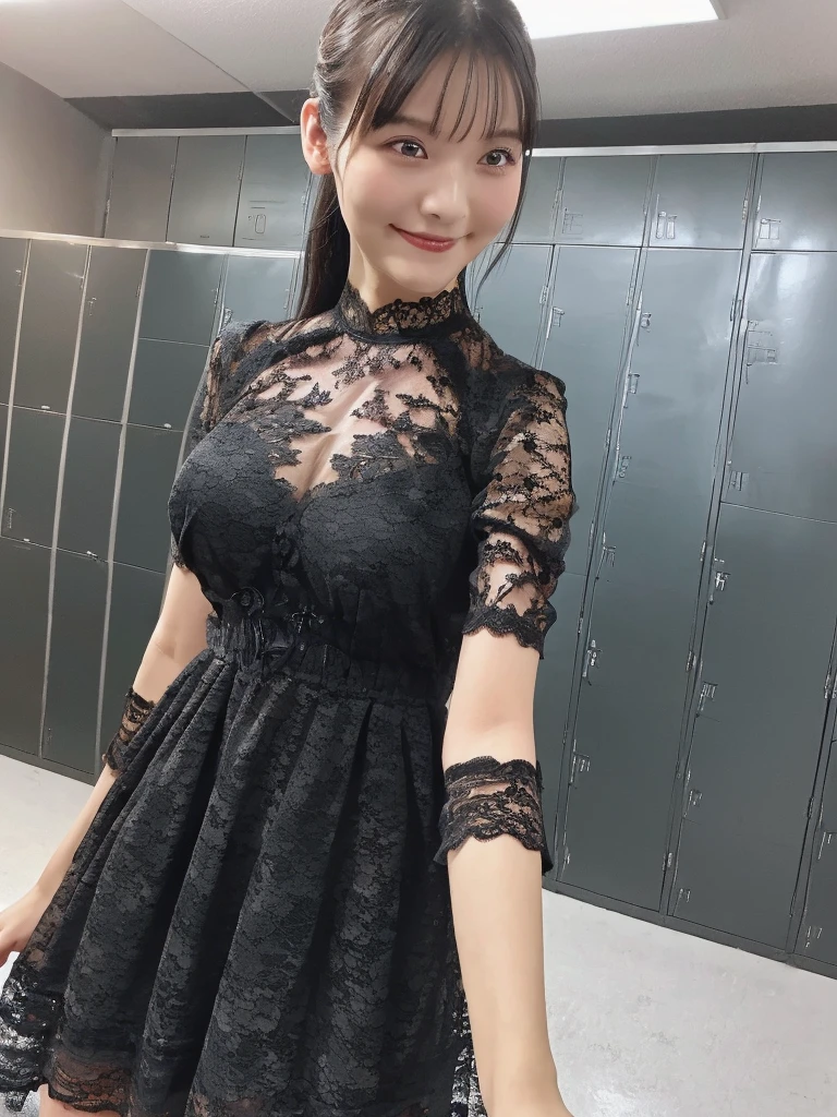 (masterpiece:1.5),(highest quality:1.5),(Highest quality:1.5),(8K:1.5),(Watching the audience),(Big Breasts:1.3),smile,(locker room:1.2),(Black lace see-through dress:1.2),Slender,Narrow waist,Beautiful and thin legs