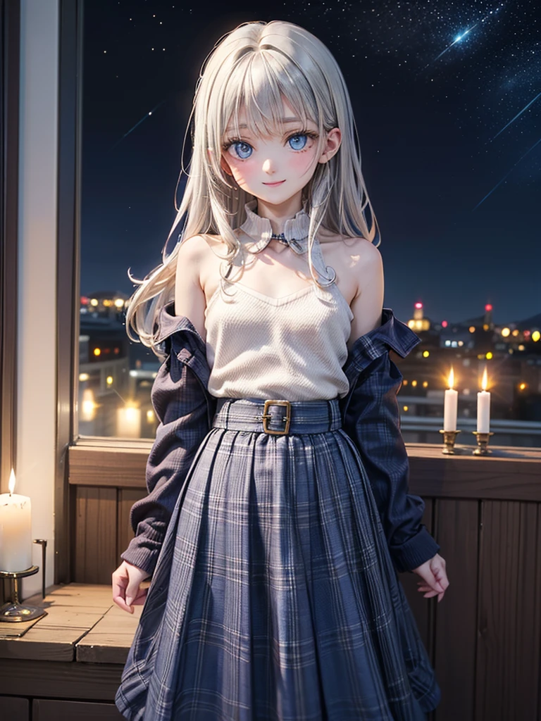 (​masterpiece),(top-quality:1.2),((perfect anatomy)),((arms behind back)),(1 girl),(flat chest),Highest quality,(royal blue colored white plaid long skirt:1.3),(thin white knit clothes),(long silver hair),beautiful detailed blue eyes,beautiful smile,in night room,desperate visual impact,It's like embracing the sky,candle lighting,depth of written boundary