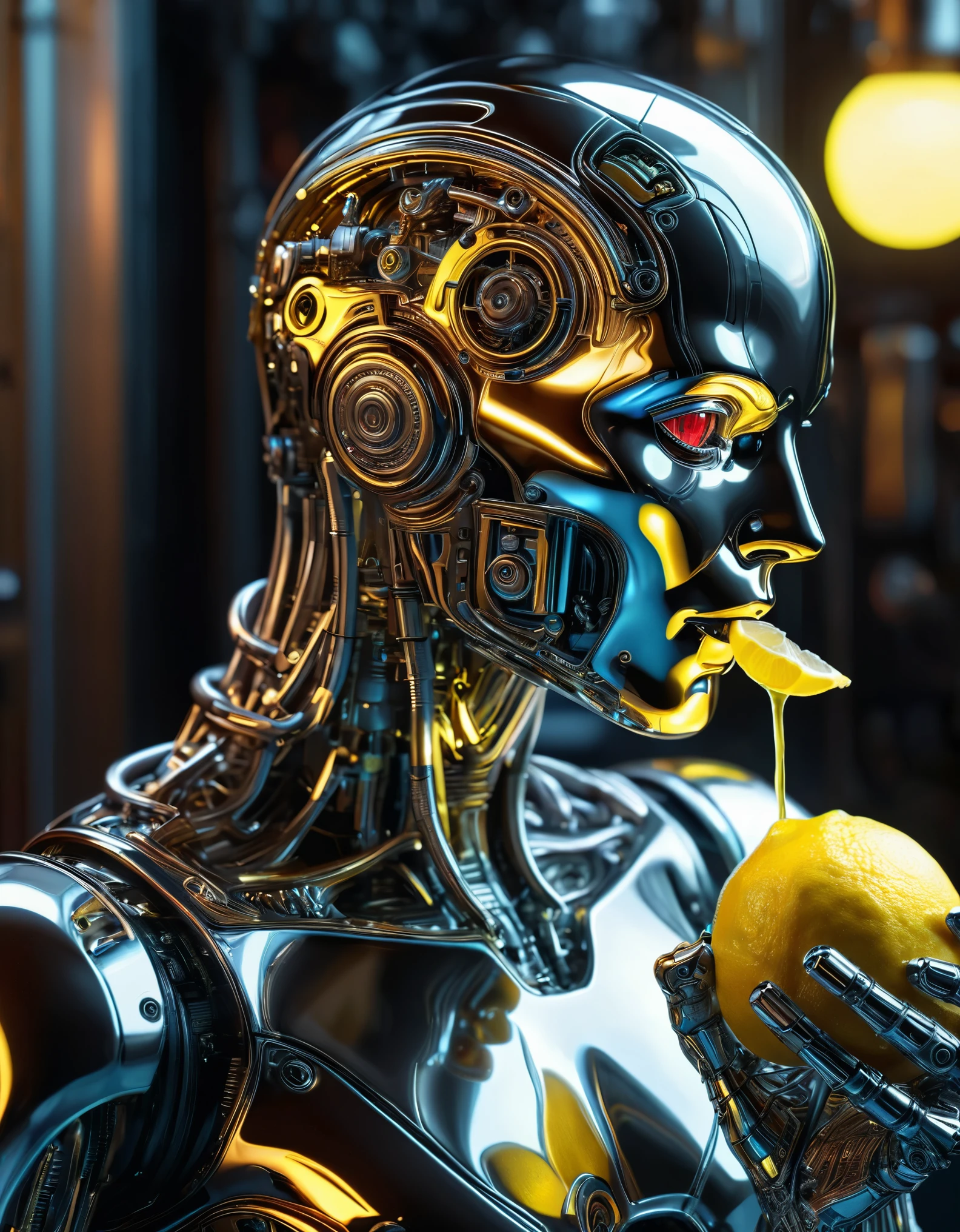 A liquid metal android eating a lemon, highly detailed, photorealistic, cyberpunk style, cinematic lighting, dramatic shadows, hyper detailed gears and circuitry, intricate mechanical design, glowing neon eyes, vivid colors, chrome finish, sharp focus, 8k, masterpiece