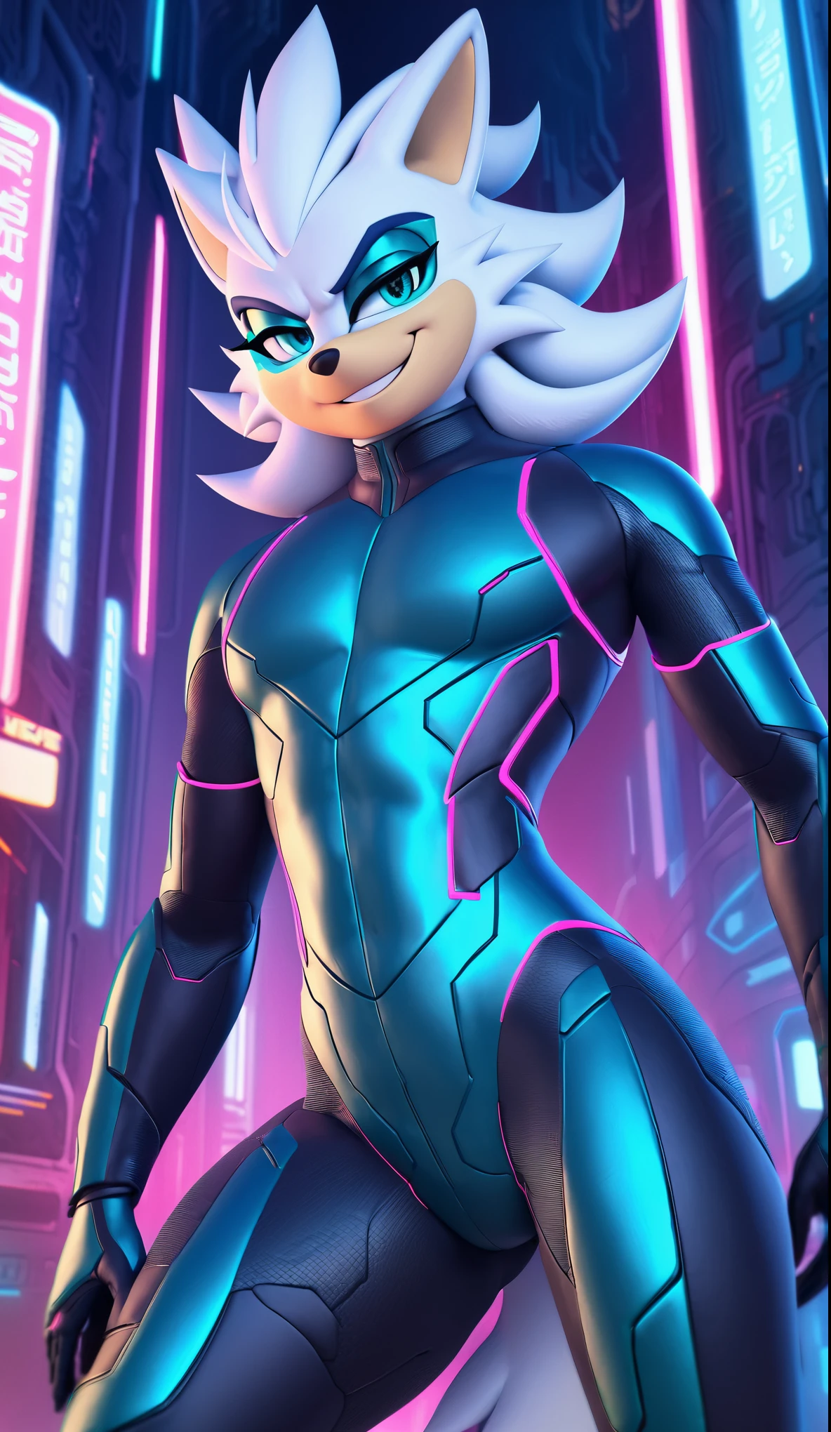(((masterpiece:1.5, 4K, 8K))), a (((full body))) high quality digitally drawn rendered image ((by SEGA)) of A solo male anthro ((silver—white hedgehog)), with glowing blue eyes, ((metallic blue eyeliner:1.5)), (((tan muzzle))), wearing a (((sci-fi bodysuit))) stands in a neon-lit cyberpunk city The android's bodysuit is adorned with (((teal coloring:1.5))) with (((neon pink accents))), and intricate android seams, creating a futuristic look. the android has a seductive smirk on his face