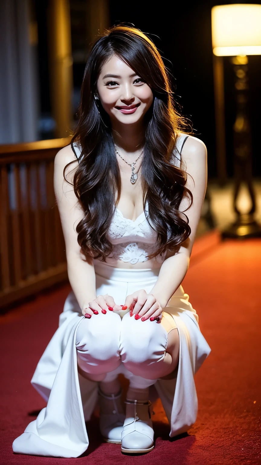 ((Hit the knee)), Red lips, Mature Woman, Exquisite makeup, National style, real、live-action、((Realistically:1.5))、White orchids around the hair,Lilac Dendrobium、White lily、1 girl、Brown Hair、Flowing hair、Ample breasts, The body is slim, Slim sexy legs, Attractive legs, Take a graceful pose, She has a very beautiful face、Hairpin on the head、Perfect hands、(night、moon、cliff)、 Vector art、Chinese contemporary art、Soft Light、Looking down