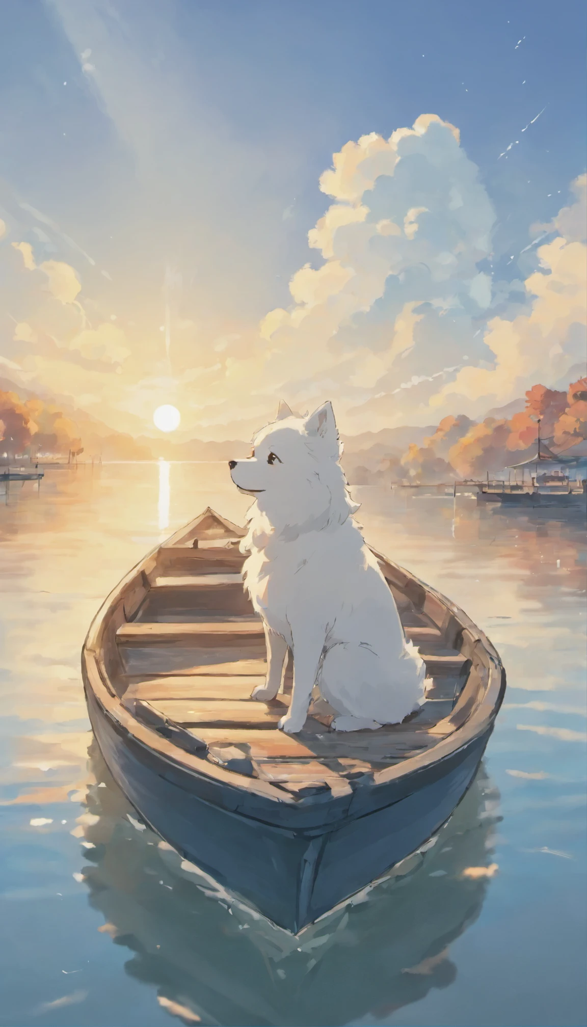 one dog, Samoyed dog, 穏やかなlake面, Boat ride, Swaying, lake, leisure, relax