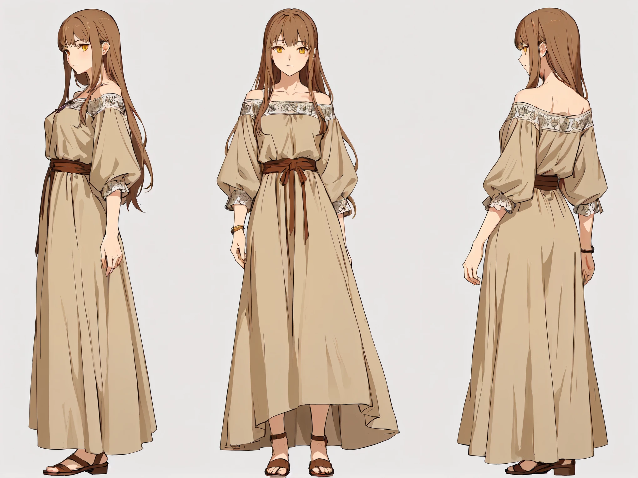 close-up of a woman in a long dress with a belt, Anime Full Body Illustration, detailed Full body concept art, cute anime waifu in a beautiful dress, Full body concept art, beautiful Full body concept art, clear outfit design, beautiful anime character design, Shōjo manga character design, wearing long, loose clothes, peasant dress, anime style like fate/stay the night, golden eyes, bright yellow eyes, ярко golden eyes