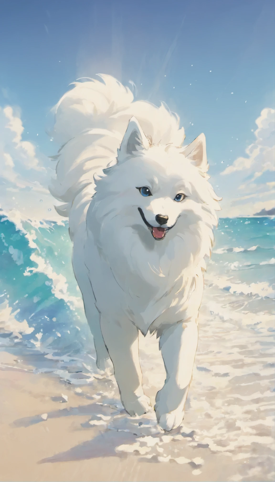 one dog, Samoyed dog, Sparkling white sand beaches, Ocean, Water Play, surfing