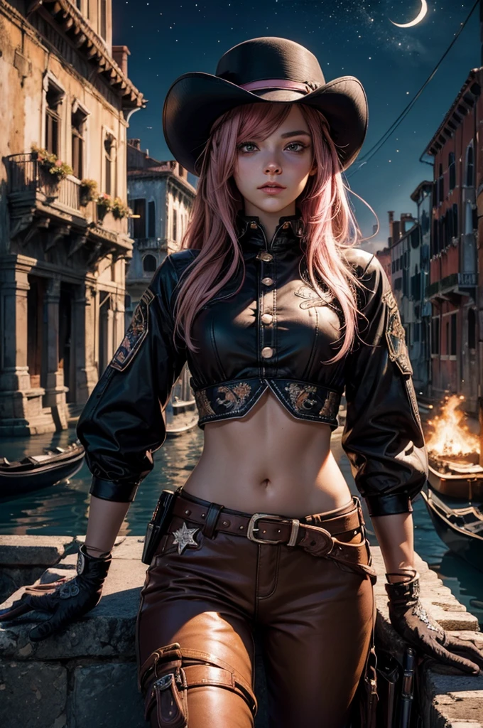 neopolitan, neopolitan, long hair, brown hair, (brown eyes:1.3), brown eyes, pink eyes, (heterochromia:1.2), ((two-tone hair, split-color hair, pink hair, brown hair, multicolored hair)), BREAK gloves, hat, navel, detached sleeves, midriff, belt, pants, white gloves, black headwear, bowler hat, hands on hips, BREAK sitting, outdoors, night, stars, moon, post-apocalypse, dystopian future, venice,  ((river, gondola)), (crowd in military uniforms), bonfires, BREAK looking at viewer, (cowboy shot:1.5), BREAK (masterpiece:1.2), best quality, high resolution, unity 8k wallpaper, (illustration:0.8), (beautiful detailed eyes:1.6), extremely detailed face, perfect lighting, extremely detailed CG, (perfect hands, perfect anatomy),