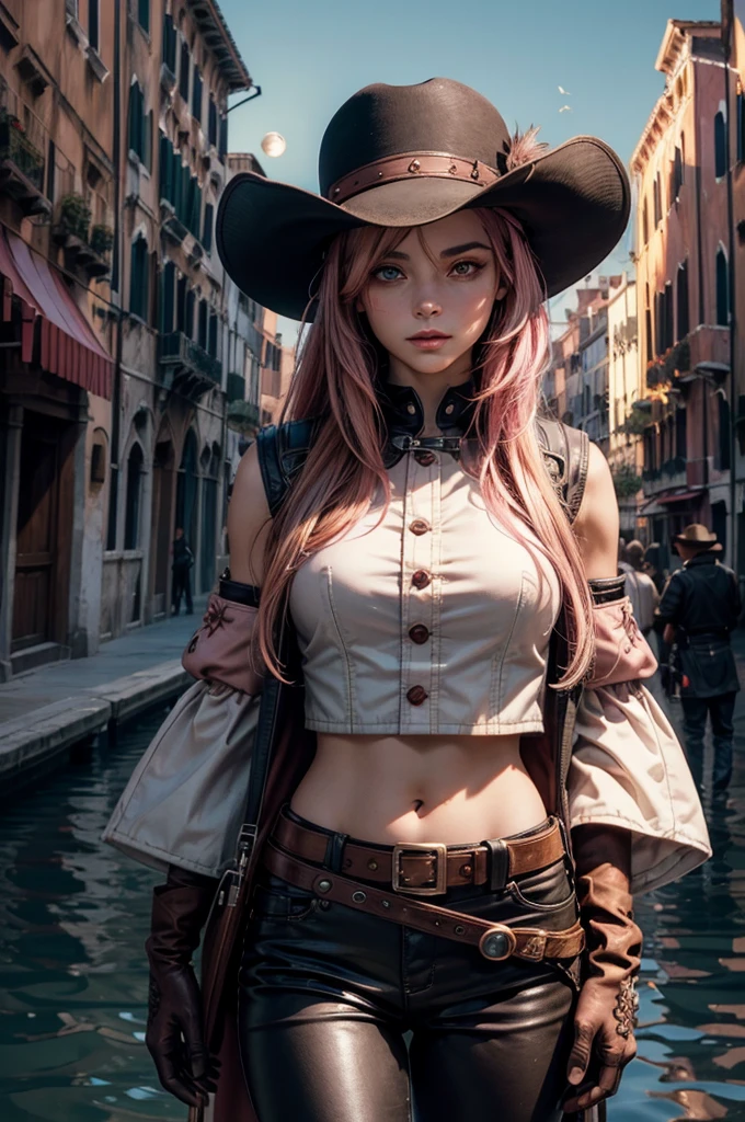 neopolitan, neopolitan, long hair, brown hair, (brown eyes:1.3), brown eyes, pink eyes, (heterochromia:1.2), ((two-tone hair, split-color hair, pink hair, brown hair, multicolored hair)), BREAK gloves, hat, navel, detached sleeves, midriff, belt, pants, white gloves, black headwear, bowler hat, hands on hips, BREAK sitting, outdoors, night, stars, moon, post-apocalypse, dystopian future, venice,  ((river, gondola)), (crowd in military uniforms), bonfires, BREAK looking at viewer, (cowboy shot:1.5), BREAK (masterpiece:1.2), best quality, high resolution, unity 8k wallpaper, (illustration:0.8), (beautiful detailed eyes:1.6), extremely detailed face, perfect lighting, extremely detailed CG, (perfect hands, perfect anatomy),
