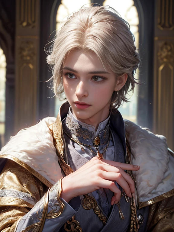 masterpiece)), (((highest quality))), ((Very detailed)), ((shape)),[Realistic light effects],Handsome prince、Detailed face inside the castle、Bright expression、young, Brighter, 、Best Looks、Ultimate beauty、White hair with shiny highlights、Shiny light brown short hair,、,Realistic Light, Detailed skin, (One beautiful 25-year-old prince:1.5), fine grain,,