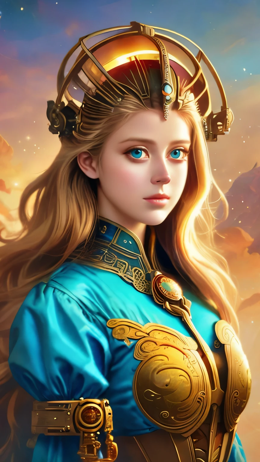 a close up of a woman with a helmet on and a sci - fiore, boris vallejo and tom bagshaw, prophet graphic novel, cosmic artifacts, inspired by Earl Norem, deepdream, awarded on cgsociety, looks a bit similar to amy adams, golden turquoise steampunk, anno 2070
