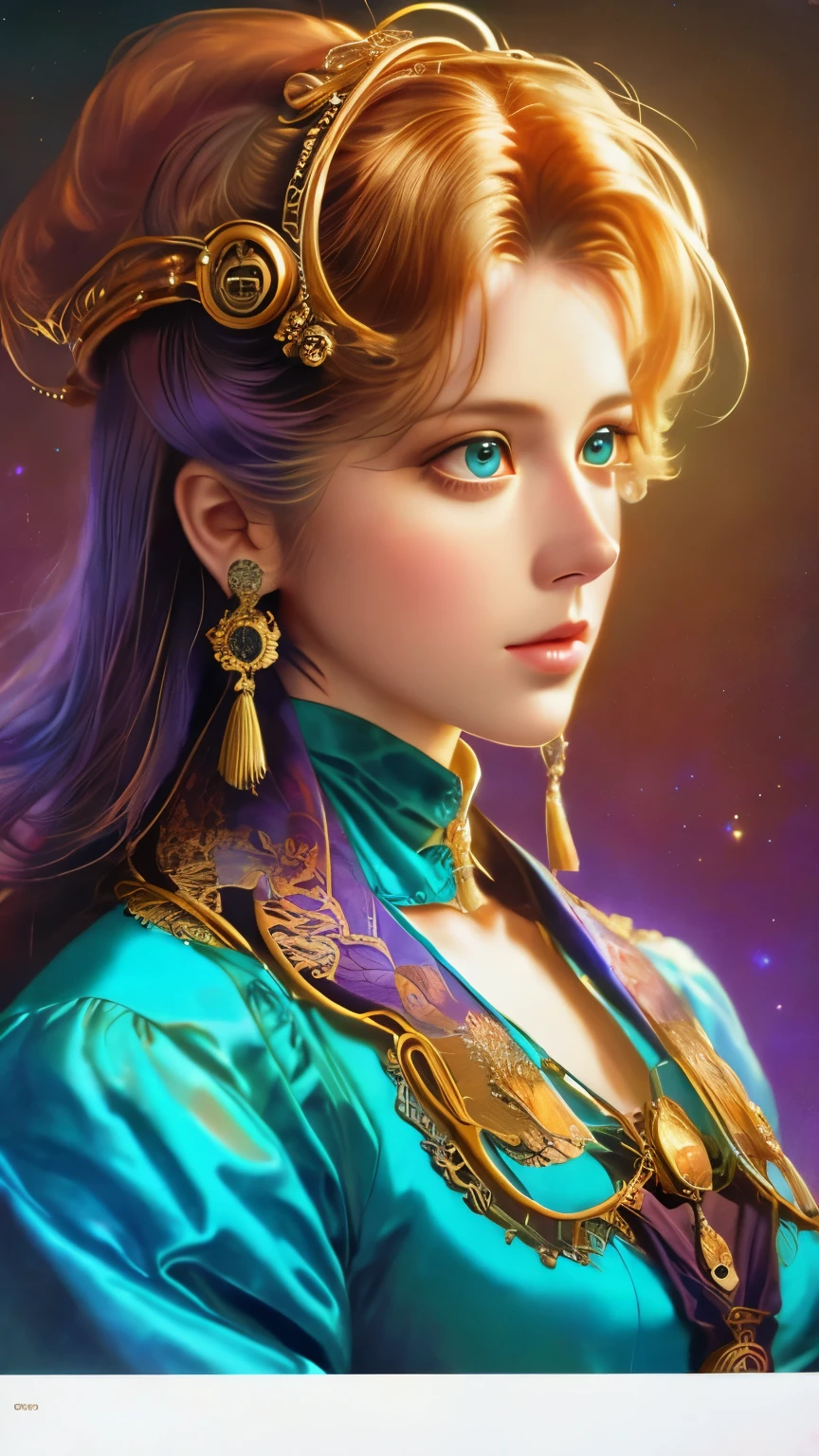 a close up of a woman with a helmet on and a sci - fiore, boris vallejo and tom bagshaw, prophet graphic novel, cosmic artifacts, inspired by Earl Norem, deepdream, awarded on cgsociety, looks a bit similar to amy adams, golden turquoise steampunk, anno 2070  