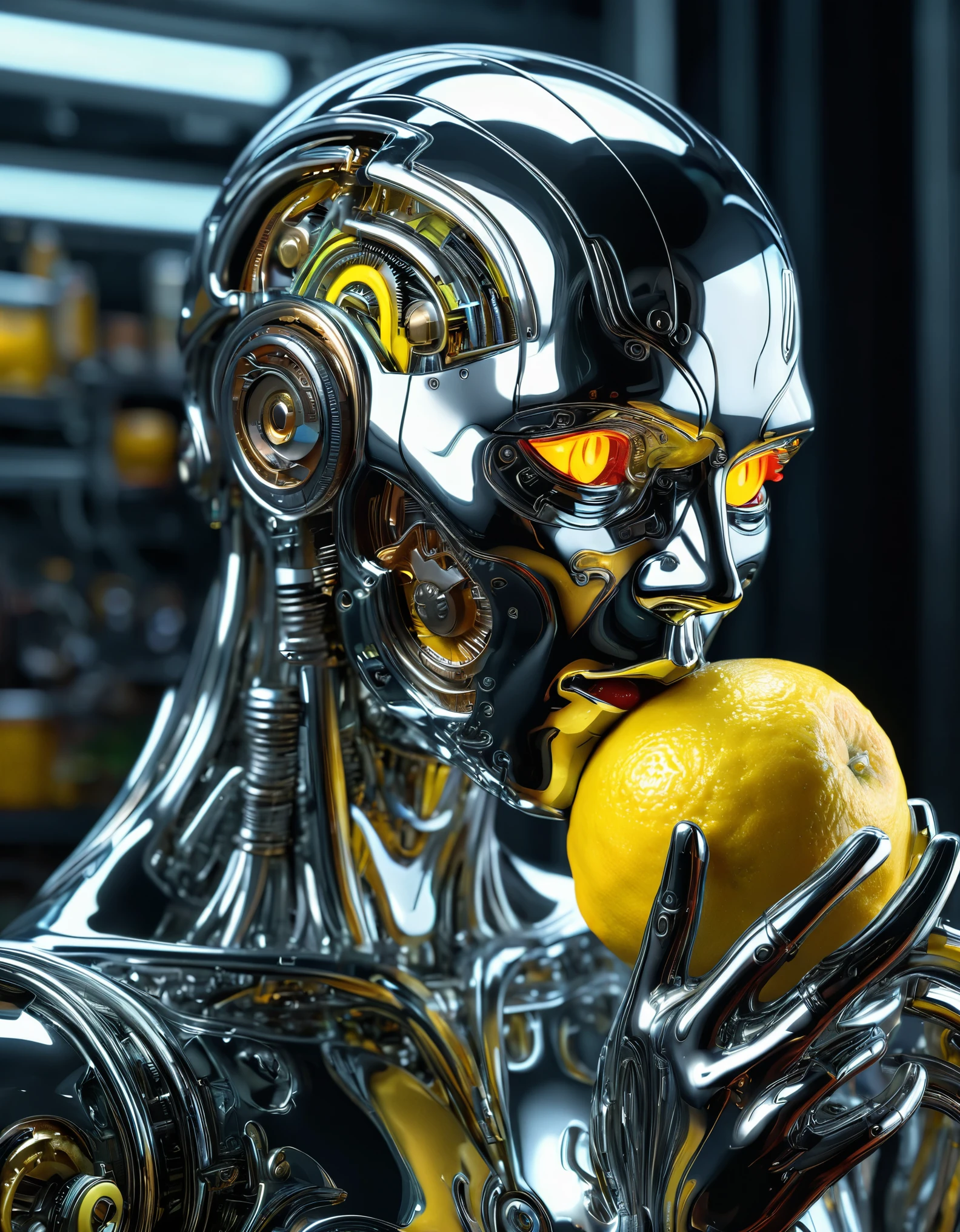 A liquid metal android eating a lemon, highly detailed, photorealistic, cyberpunk style, cinematic lighting, dramatic shadows, hyper detailed gears and circuitry, intricate mechanical design, glowing neon eyes, vivid colors, chrome finish, sharp focus, 8k, masterpiece