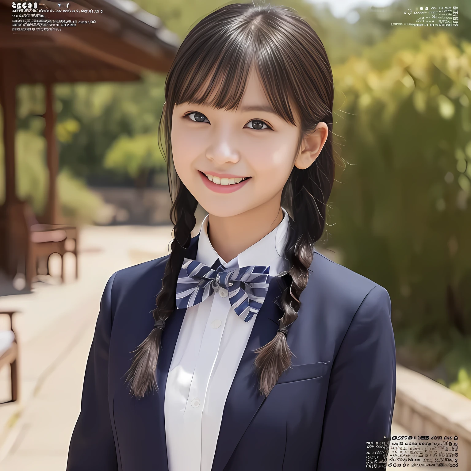 (highest quality, masterpiece:1.2), highest quality, Realistic, photograph, High resolution, 1080p, 8K, Physical Rendering, ((Height: 158cm)), Japanese girl、((((((A 16 year old beautiful Japanese fashion magazine's fashion model is looking straight at the viewer)))))), (((big very detailed beautiful dark brown eyes))), ((((laughing at me!)))), detailed fingers, (((curled blunt bangs))), ((((Very noble and cute eyes, carefully drawn with great attention to detail)))), ((double eyelids)), (((long eyelashes))), ((cute lovely lovely laughing laughing cheeks)), ((The pure white light hits my nose and cheeks. Her eyes and white facial skin shine beautifully white.)), (((((Her facial features are very expressive lovely smile, very sweet, very very intelligent))))), ((((impressive plain navy large school ribbon bow tie in plain)))), ((((black very beautiful and very long braids hair)))), ((blue and navy colored tartan checkered formal long pleated skirt)), (((A formal dark blue blazer in solid that is slightly oversized and with a golden emblem))), ((As elegant as a noble princess)), ((Seated on a chair of platform at a rural railway station)), ((Shooting the whole body from the side))
