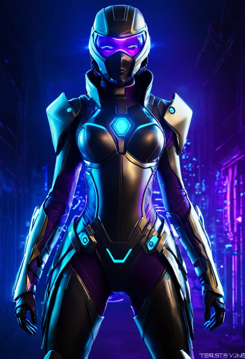 Personagem Principal:
Gender: Mulher
Idade: Not specified General View: Close-up (foco na parte superior do corpo)
Clothing and Armor:
Estilo Geral: Terno futurista, cyber armor Materials: neon armor, high-tech cyber armor Design: Fitted and streamlined suit Predominant Colors: Black and Purple Specific Details:
Armadura: Brilhante e elegante, with purple luminous panels that emit a subtle glow Electric Gloves: Elegantes e futuristas, with purple details and sparkling blue lights Missile Launcher Backpack: Incorporada ao traje nas costas, with elegant and streamlined design Hair: Longo e escuro, with a purple lock that falls over the face Mask: Roxa, cobrindo metade do rosto
Fundo:
Cor: Verde
Estilo e Tema:
Estilo: Anime estilo cyberpunk
Elementos Visuais:
Aura: Durante a luta, the character is surrounded by an aura of dark psychic energy, highlighting your connection to the Psychological Power of Bison Inspiration: Estilo de figura de rua, similar to the character Decapre from Street Fighter, incorporating a sci-fi look with LED-illuminated armor Additional Features:
Expression: Misteriosa e intimidadora
Efeitos Visuais:
Luzes: Armor with sparkling blue lights and purple luminous panels Technology: Advanced technological armor with smooth lines and futuristic details