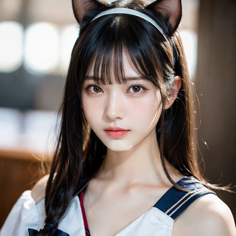 (highest quality,masterpiece:1.3,Ultra-high resolution),(Very detailed,Caustics,8k),(Realistic:1.4,RAW shooting),18-year-old,Japanese,A little sad look,Front of face,Looking at the camera,Shiny skin, Slender body, Good figure,Rembrandt Lighting, (Photorealistic:1.2), (highest quality), (Detailed skin:1.3), (Intricate details), Ray Tracing,One girl, In detail,real,Detailed skin texture, Black Hair, Long Hair,Cat ears headband, (Blunt bangs:1.2), cute, Sailor suit,(Face Focus:1.1),(Face close-up:1.1),Retro Cafe,Collarbone Bare Skin,Shoulder Bare Skin