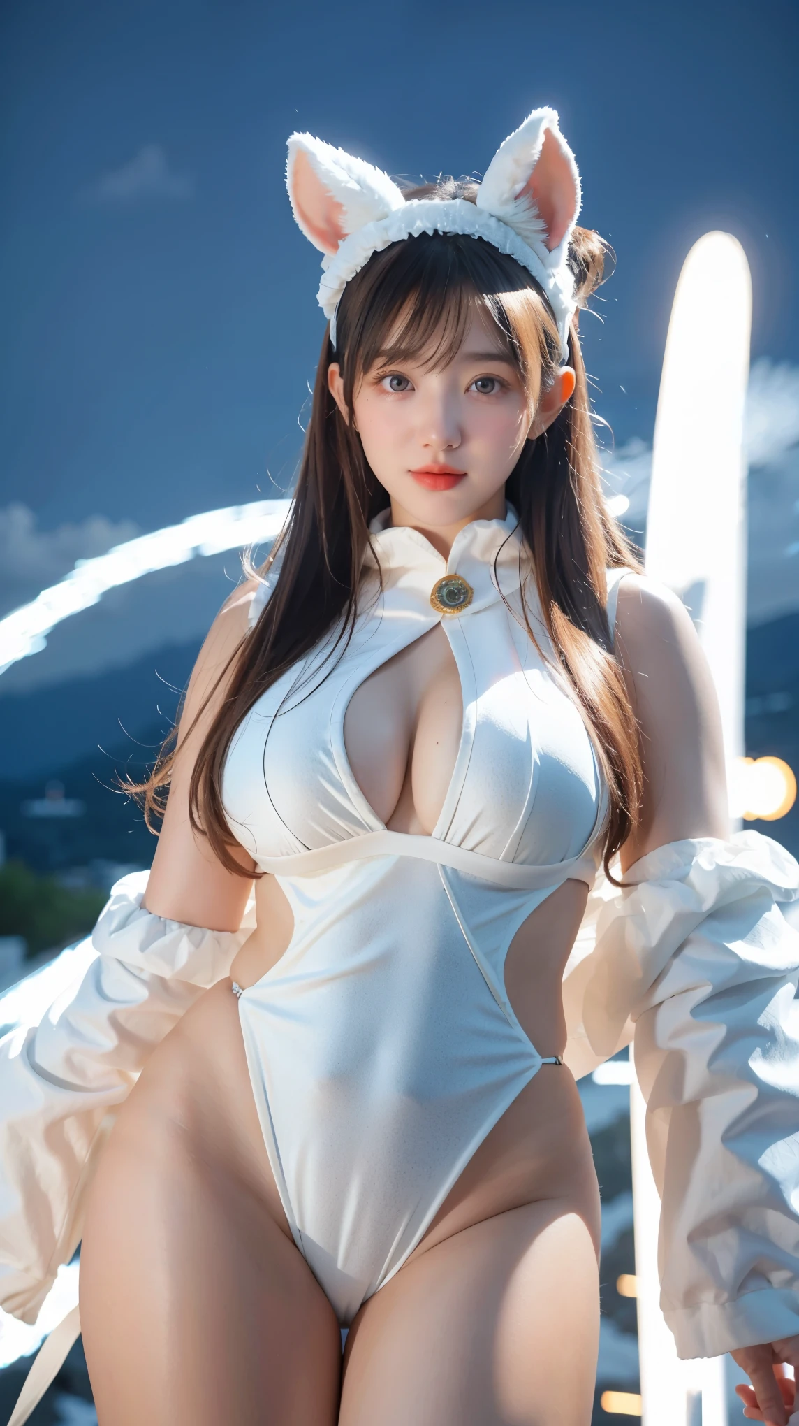 Adorable , Gorgeous , Beautiful , Russian ********* , (Large Colossal Breasts) , 30 Years Old , White Skin , Bunny Cosplay Suit , Bunny Headband , Front Facing , Potrait , Top of The Mountain Background , Wind , ((Muscles:1.1)) , Long Hair Bangs , Blue Eye , ((White Coloured)) , ((Night:1.3)) , Standing , HDR , Ultra Detailed , EF 24-70mm f/2.8L II USM