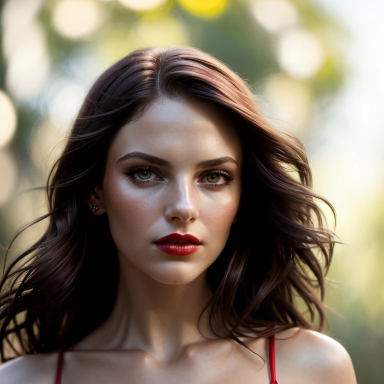 lndswgnr, (Sharp focus: 1.5), (sharp focus:1.2), photo, attractive young woman, (beautiful face:1.1), detailed eyes, luscious lips, (bold red lip colour:0.85), (medium breasts:1.0), (slim body:1.2), (moody lighting:1.2), depth of field, bokeh, 4K, HDR. by (James C. Christensen:1.2|Jeremy Lipking:1.1).