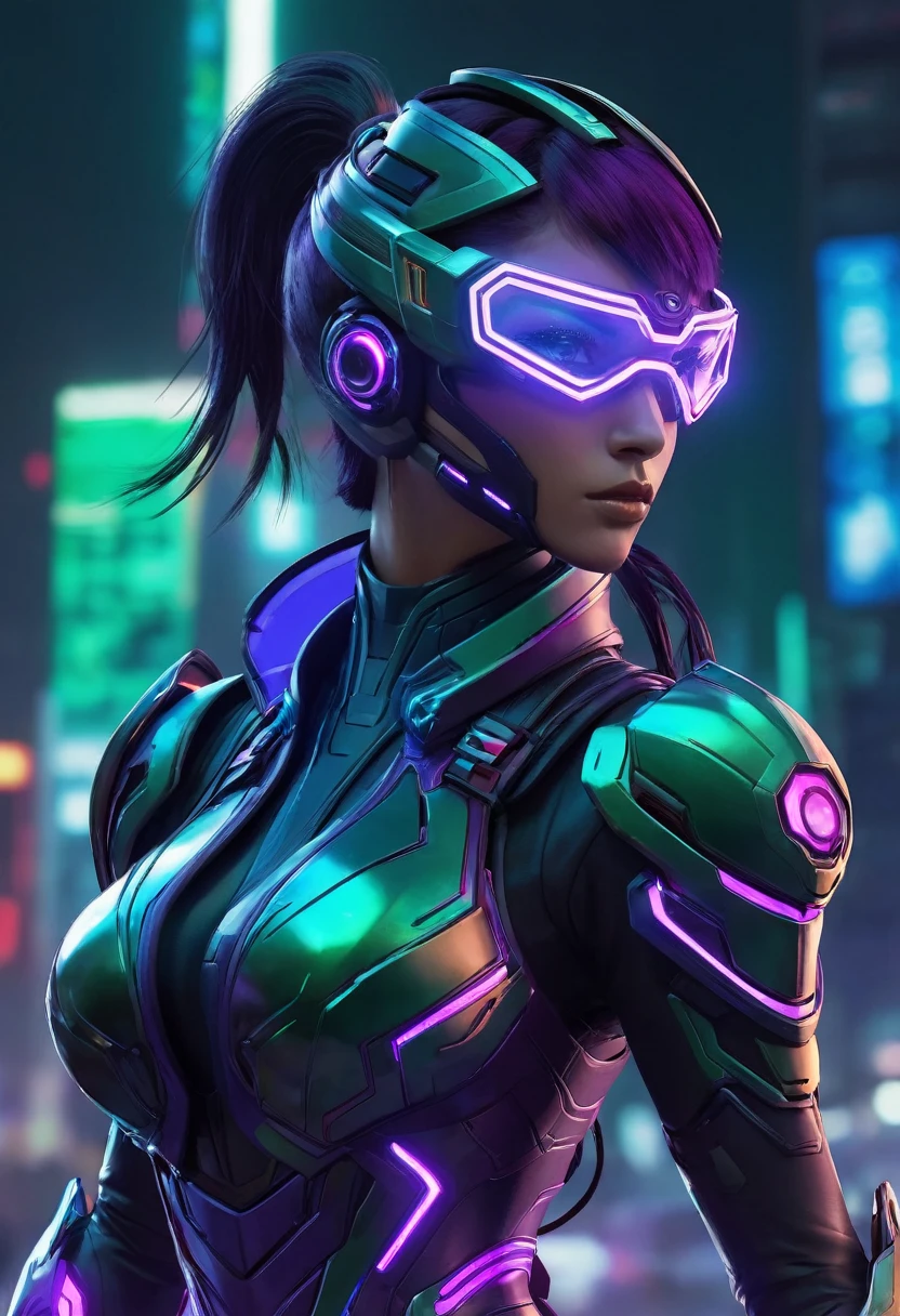 Personagem Principal:
Gender: Mulher
Idade: Not specified General View: Close-up (foco na parte superior do corpo)
Clothing and Armor:
Estilo Geral: Terno futurista, cyber armor Materials: neon armor, high-tech cyber armor Design: Fitted and streamlined suit Predominant Colors: Black and Purple Specific Details:
Armadura: Brilhante e elegante, with purple luminous panels that emit a subtle glow Electric Gloves: Elegantes e futuristas, with purple details and sparkling blue lights Missile Launcher Backpack: Incorporada ao traje nas costas, with elegant and streamlined design Hair: Longo e escuro, with a purple lock that falls over the face Mask: Roxa, cobrindo metade do rosto
Fundo:
Cor: Verde
Estilo e Tema:
Estilo: Anime estilo cyberpunk
Elementos Visuais:
Aura: Durante a luta, the character is surrounded by an aura of dark psychic energy, highlighting your connection to the Psychological Power of Bison Inspiration: Estilo de figura de rua, similar to the character Decapre from Street Fighter, incorporating a sci-fi look with LED-illuminated armor Additional Features:
Expression: Misteriosa e intimidadora
Efeitos Visuais:
Luzes: Armor with sparkling blue lights and purple luminous panels Technology: Advanced technological armor with smooth lines and futuristic details