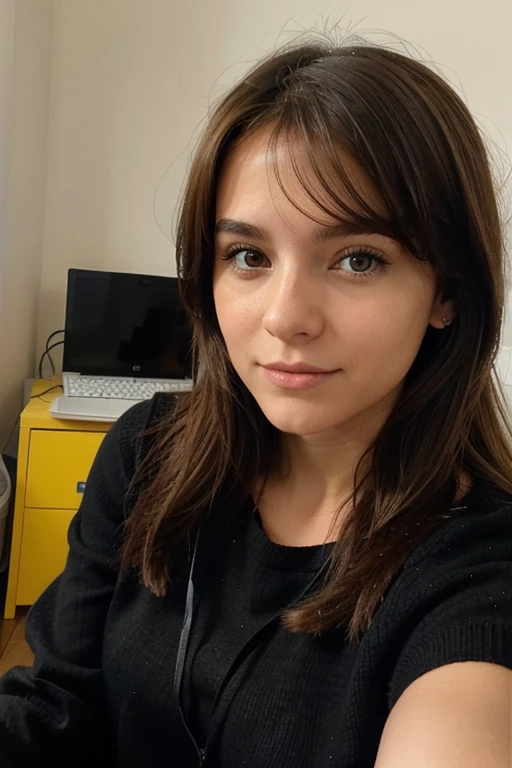 fait moi une femme brune , qui a 20 ans , qui travail sur sur ordinateur , qui prend un selfie  