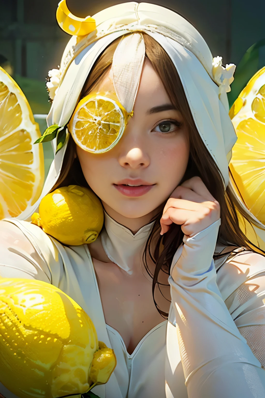 Young and stunningly beautiful woman、Medium Full　Portrait、(Wearing white tights:1.5)、(His face is visible through a large lemon headpiece.:1.75)、Eating lemon
