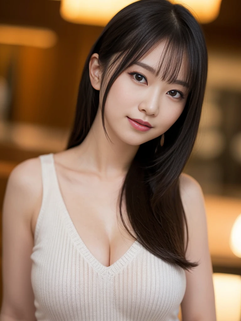 Tabletop, highest quality, Photorealistic, In detail, High resolution, 8k wallpaper, Perfect dynamic composition, Beautiful fine details, Medium Hair, Big ample breasts, Random sexy poses,Put your chest together、Sleeveless knit)、(Breast Swelling 1.2)、Laughter、Open your mouth、Resort scenery、Age 25、(Droopy Eyes 1.4)、Adult Beauty、Japanese、