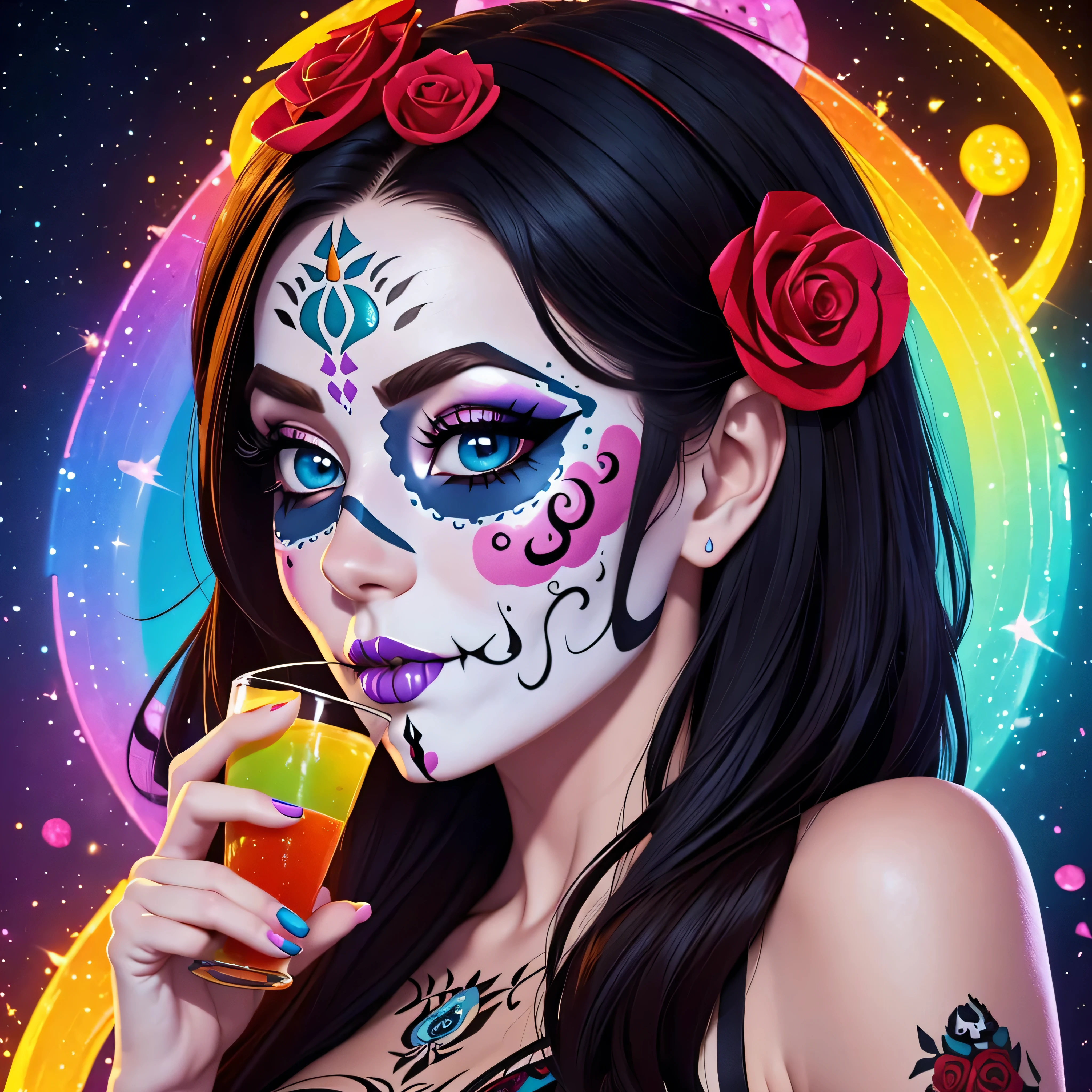 a WLOP style oil painting of a woman with sugar skull paint and holding cocktail, in the style of a realistic fantasy artwork, Digital Airbrushing, tanya shatseva, luces y sombras contrastantes, arte de pixel, rasgos faciales exagerados, Ruben Maya *a woman with sugar skull makeup and roses around her head, celebrating dia de los Muertos, dia de los muertos, dia de los Muertos, dia de muertos, dia de los muertos. 8 mil, la catrina, solo una broma, (dia de los muertos), dia de todos los muertos, ( dia de los muertos ), mensaje negativo: (peor calidad, baja calidad, 3d, 2d), boca abierta, diente, Cara fea, cara vieja, cabezas dobles, pasos adicionales de extremidades: 55, Dechado: Euler a, escala CFG: 7.0, Semilla: 1345639005, Size: 768x1152, Model: copax_Melodies_SG_beta2: 74c01022ae", Version: v1.6.0.40-2-gbf9b3cf, ID de tarea: 650040315251726033