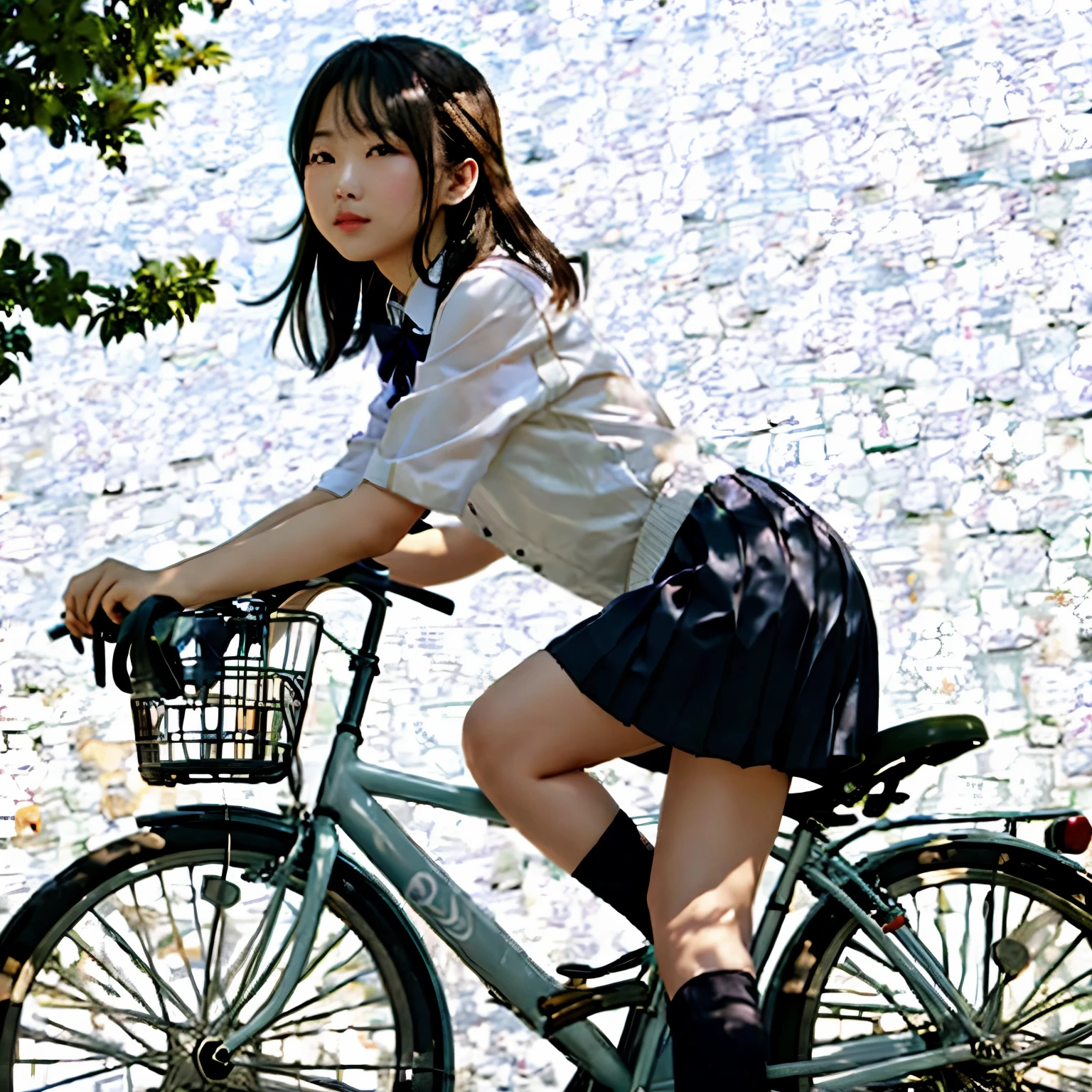 (masterpiece, highest quality:1.2), riding a bicycle, Cute face、From the side、