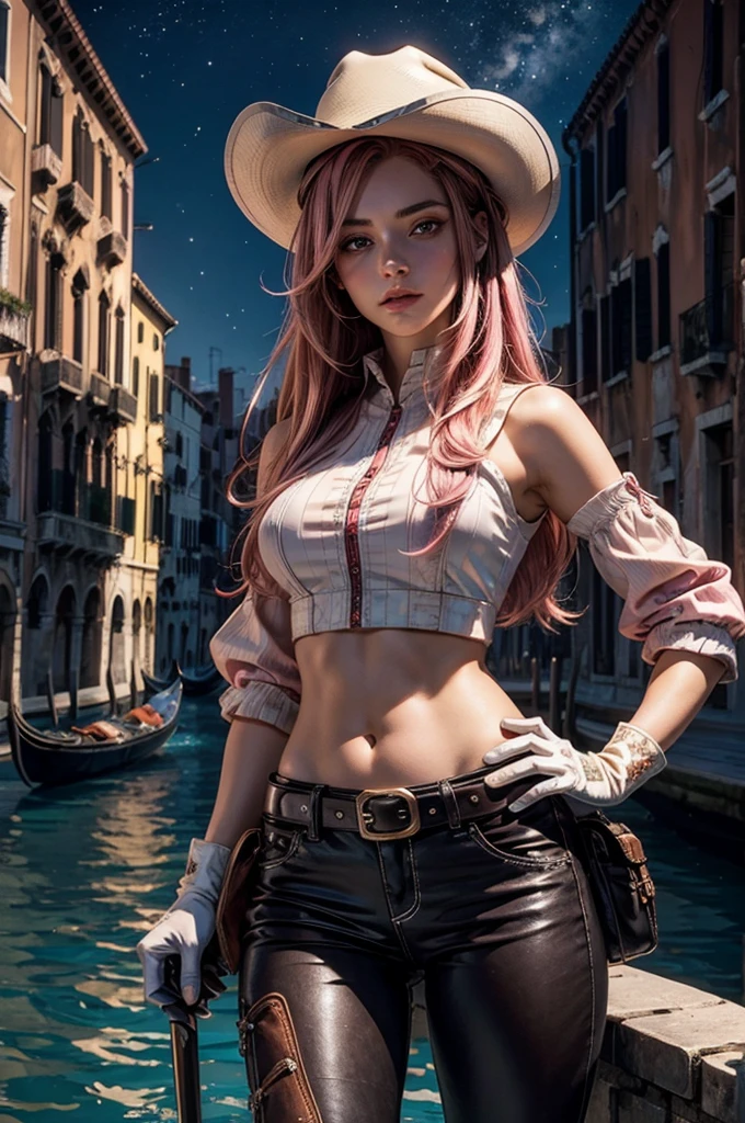 neopolitan, neopolitan, long hair, brown hair, (brown eyes:1.3), brown eyes, pink eyes, (heterochromia:1.2), ((two-tone hair, split-color hair, pink hair, brown hair, multicolored hair)), BREAK gloves, hat, navel, detached sleeves, midriff, belt, pants, white gloves, black headwear, bowler hat, hands on hips, BREAK sitting outdoors, night, stars, moon, post-apocalypse, dystopian future, venice, ((river, gondola)), (crowd in military uniforms), bonfires, BREAK looking at viewer, (cowboy shot:1.5), BREAK (masterpiece:1.2), best quality, high resolution, unity 8k wallpaper, (illustration:0.8), (beautiful detailed eyes:1.6), extremely detailed face, perfect lighting, extremely detailed CG, (perfect hands, perfect anatomy),