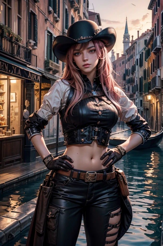 neopolitan, neopolitan, long hair, brown hair, (brown eyes:1.3), brown eyes, pink eyes, (heterochromia:1.2), ((two-tone hair, split-color hair, pink hair, brown hair, multicolored hair)), BREAK gloves, hat, navel, detached sleeves, midriff, belt, pants, white gloves, black headwear, bowler hat, hands on hips, BREAK sitting outdoors, night, stars, moon, post-apocalypse, dystopian future, venice, ((river, gondola)), (crowd in military uniforms), bonfires, BREAK looking at viewer, (cowboy shot:1.5), BREAK (masterpiece:1.2), best quality, high resolution, unity 8k wallpaper, (illustration:0.8), (beautiful detailed eyes:1.6), extremely detailed face, perfect lighting, extremely detailed CG, (perfect hands, perfect anatomy),
