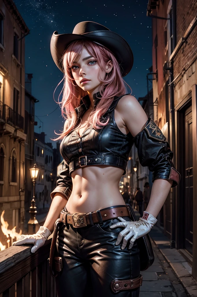 neopolitan, neopolitan, long hair, brown hair, (brown eyes:1.3), brown eyes, pink eyes, (heterochromia:1.2), ((two-tone hair, split-color hair, pink hair, brown hair, multicolored hair)), BREAK gloves, hat, navel, detached sleeves, midriff, belt, pants, white gloves, black headwear, bowler hat, hands on hips, BREAK sitting outdoors, night, stars, moon, post-apocalypse, dystopian future, venice,  ((river, gondola)), (crowd in military uniforms), bonfires, BREAK looking at viewer, (cowboy shot:1.5), BREAK (masterpiece:1.2), best quality, high resolution, unity 8k wallpaper, (illustration:0.8), (beautiful detailed eyes:1.6), extremely detailed face, perfect lighting, extremely detailed CG, (perfect hands, perfect ???????),