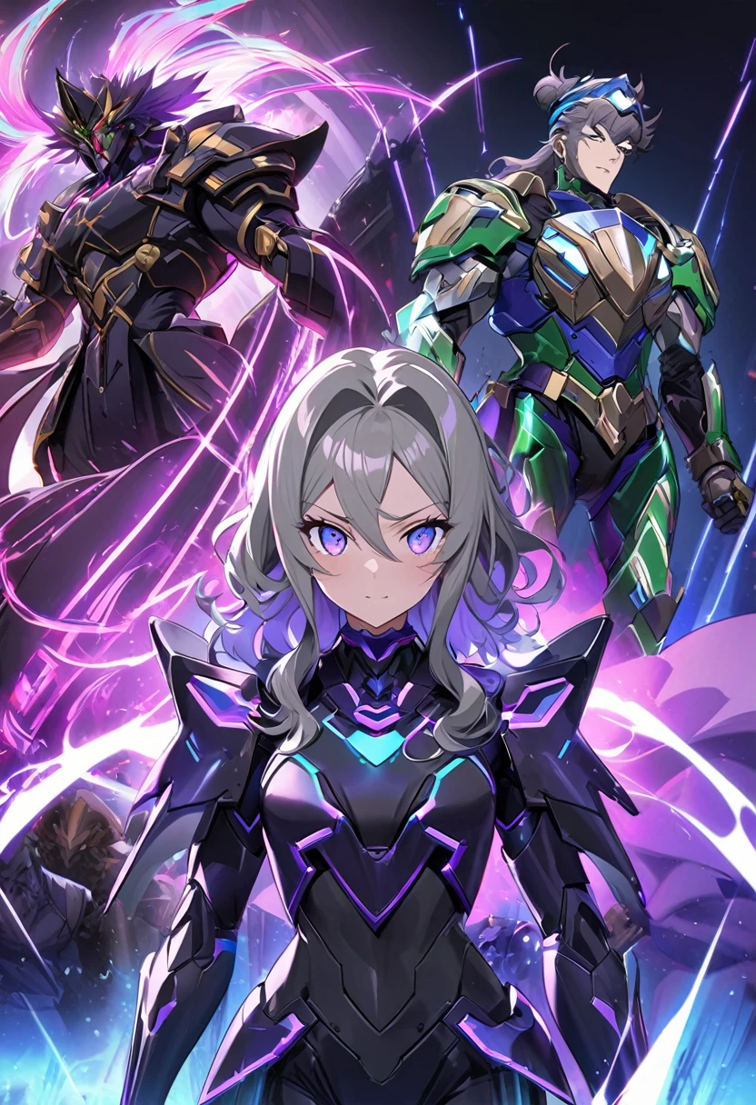 Personagem Principal:
Gender: Mulher
Idade: Not specified General View: Close-up (foco na parte superior do corpo)
Clothing and Armor:
Estilo Geral: Terno futurista, cyber armor Materials: neon armor, high-tech cyber armor Design: Fitted and streamlined suit Predominant Colors: Black and Purple Specific Details:
Armadura: Brilhante e elegante, with purple luminous panels that emit a subtle glow Electric Gloves: Elegantes e futuristas, with purple details and sparkling blue lights Missile Launcher Backpack: Incorporada ao traje nas costas, with elegant and streamlined design Hair: Longo e escuro, with a purple lock that falls over the face Mask: Roxa, cobrindo metade do rosto
Fundo:
Cor: Verde
Estilo e Tema:
Estilo: Anime estilo cyberpunk
Elementos Visuais:
Aura: Durante a luta, the character is surrounded by an aura of dark psychic energy, highlighting your connection to the Psychological Power of Bison Inspiration: Estilo de figura de rua, similar to the character Decapre from Street Fighter, incorporating a sci-fi look with LED-illuminated armor Additional Features:
Expression: Misteriosa e intimidadora
Efeitos Visuais:
Luzes: Armor with sparkling blue lights and purple luminous panels Technology: Advanced technological armor with smooth lines and futuristic details