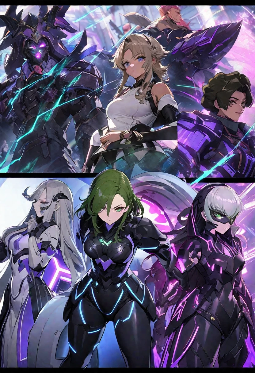 Personagem Principal:
Gender: Mulher
Idade: Not specified General View: Close-up (foco na parte superior do corpo)
Clothing and Armor:
Estilo Geral: Terno futurista, cyber armor Materials: neon armor, high-tech cyber armor Design: Fitted and streamlined suit Predominant Colors: Black and Purple Specific Details:
Armadura: Brilhante e elegante, with purple luminous panels that emit a subtle glow Electric Gloves: Elegantes e futuristas, with purple details and sparkling blue lights Missile Launcher Backpack: Incorporada ao traje nas costas, with elegant and streamlined design Hair: Longo e escuro, with a purple lock that falls over the face Mask: Roxa, cobrindo metade do rosto
Fundo:
Cor: Verde
Estilo e Tema:
Estilo: Anime estilo cyberpunk
Elementos Visuais:
Aura: Durante a luta, the character is surrounded by an aura of dark psychic energy, highlighting your connection to the Psychological Power of Bison Inspiration: Estilo de figura de rua, similar to the character Decapre from Street Fighter, incorporating a sci-fi look with LED-illuminated armor Additional Features:
Expression: Misteriosa e intimidadora
Efeitos Visuais:
Luzes: Armor with sparkling blue lights and purple luminous panels Technology: Advanced technological armor with smooth lines and futuristic details