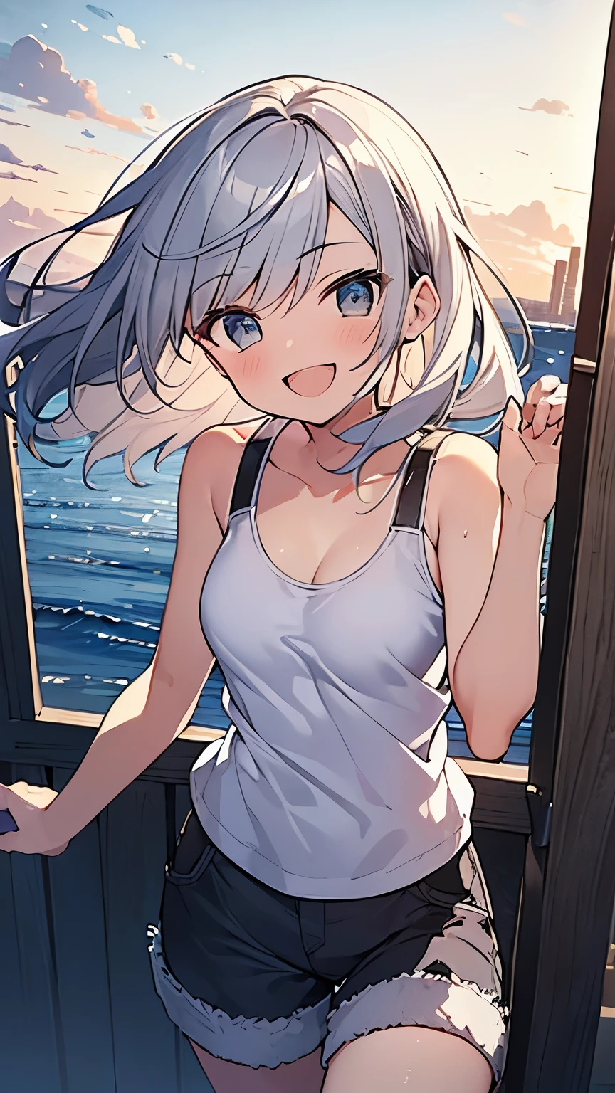 (Masterpiece, Top quality: 1.5),from below:1.3, upper body, 1 beautiful girl, silver hair, (Tank top、 Shorts :1.3), Summer clothes, hairpin, medium hair, wave hair, Hair swaying in the wind, Keep your head small, (15 year old:1.2),Ample breasts, standard weight, one knapsack, (smile:1.5), blush :1.2, open mouth, beautiful scene , Mediterranean cityscape, magnificent panorama view, dynamic pose