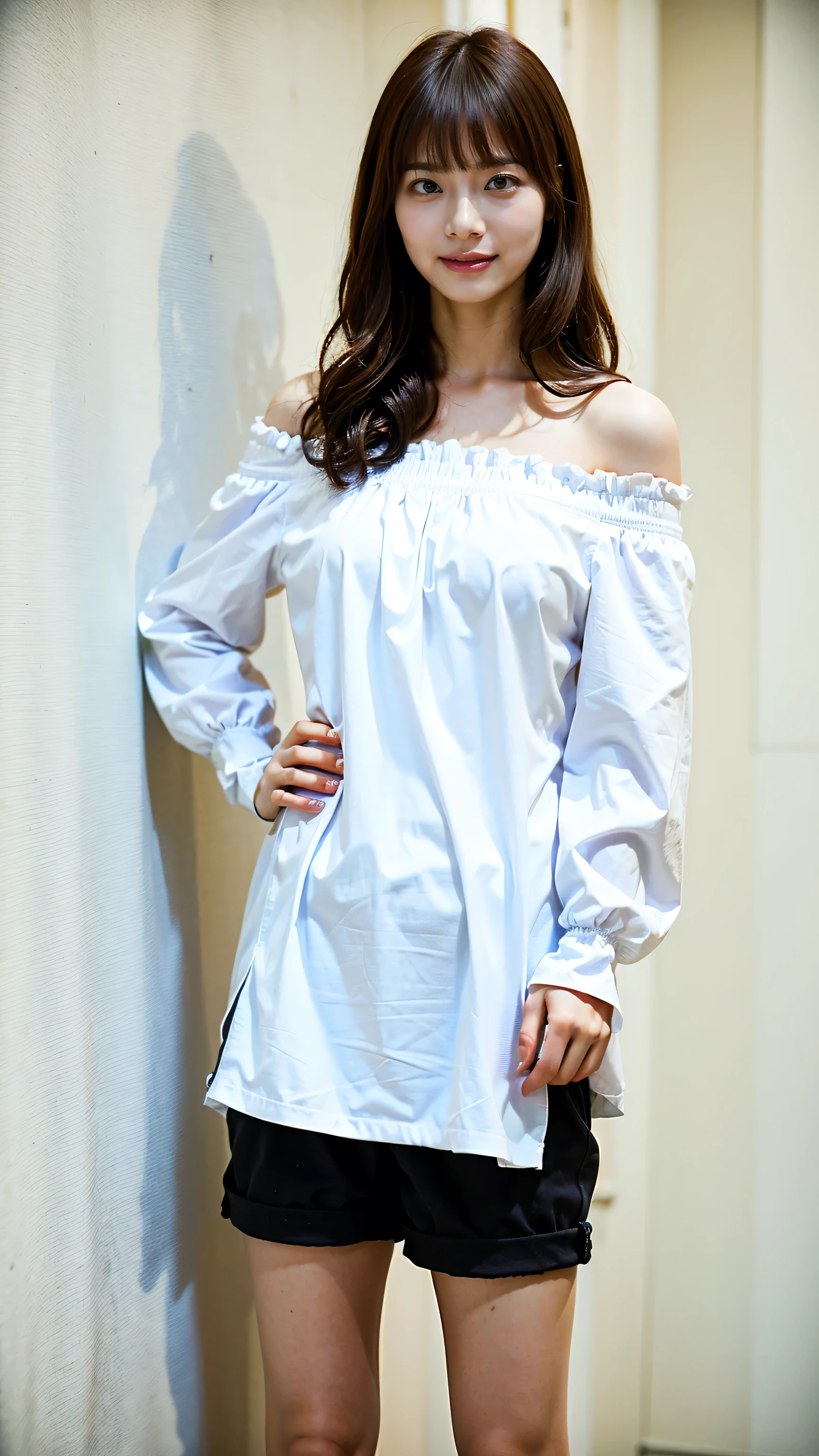 (8k、RAW Photos、highest quality、masterpiece:1.2)、(Realistic、Realistic)、1 girl、((White off-shoulder、Black shorts、smile、Summer City、Semi-long hair、Standing with hands on hips))、Lots of eyelashes、Glowing eyelids、skeletally correct