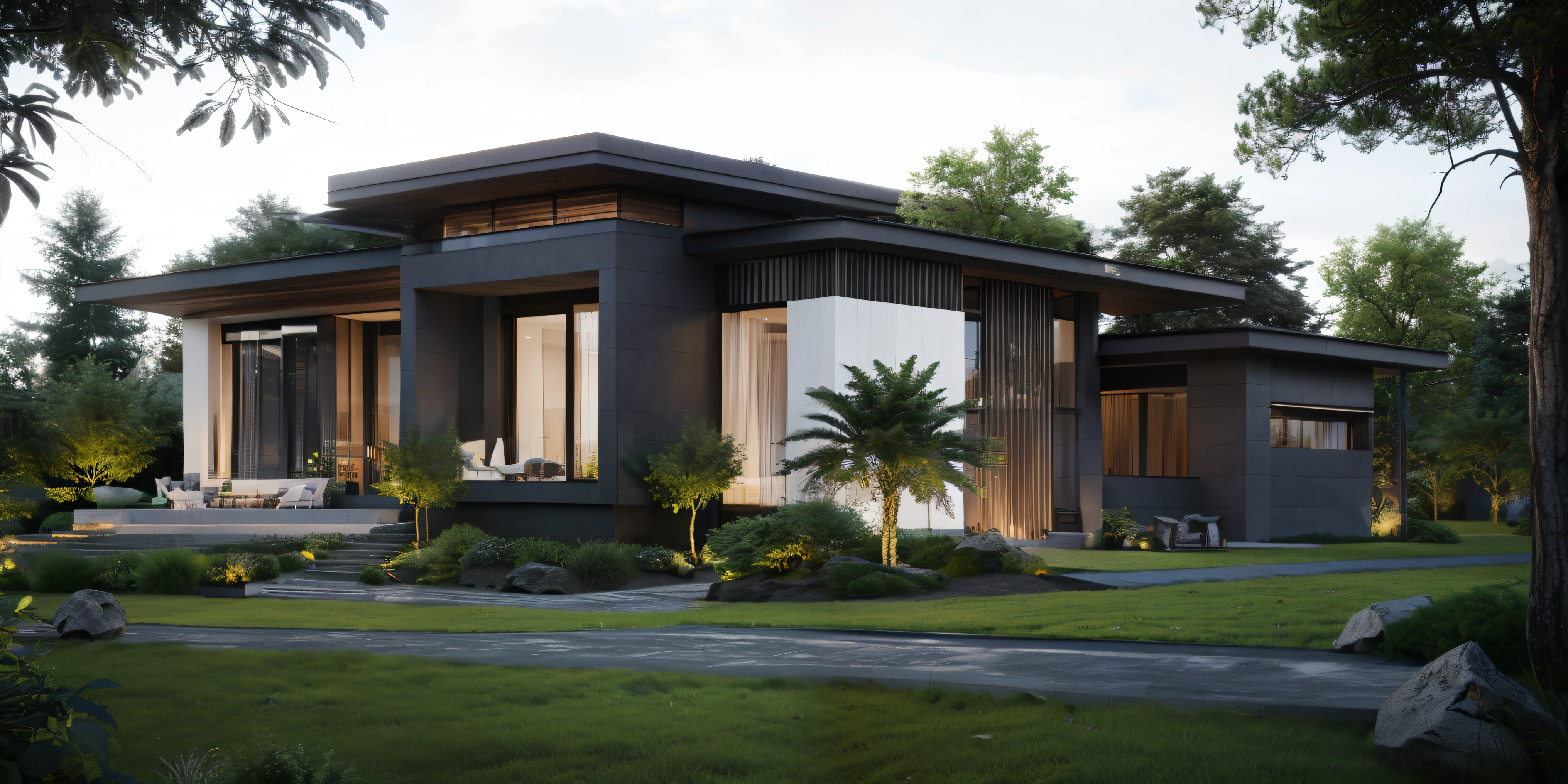 modernvilla, (woodandbrick), blackandwhite, night, trees,grass, vine, architecture, building, vivid colour, LEVEL MIND, masterpiece,best quality,super detailed,realistic,photorealistic, 8k, sharp focus,
a photo of a building, graden around,