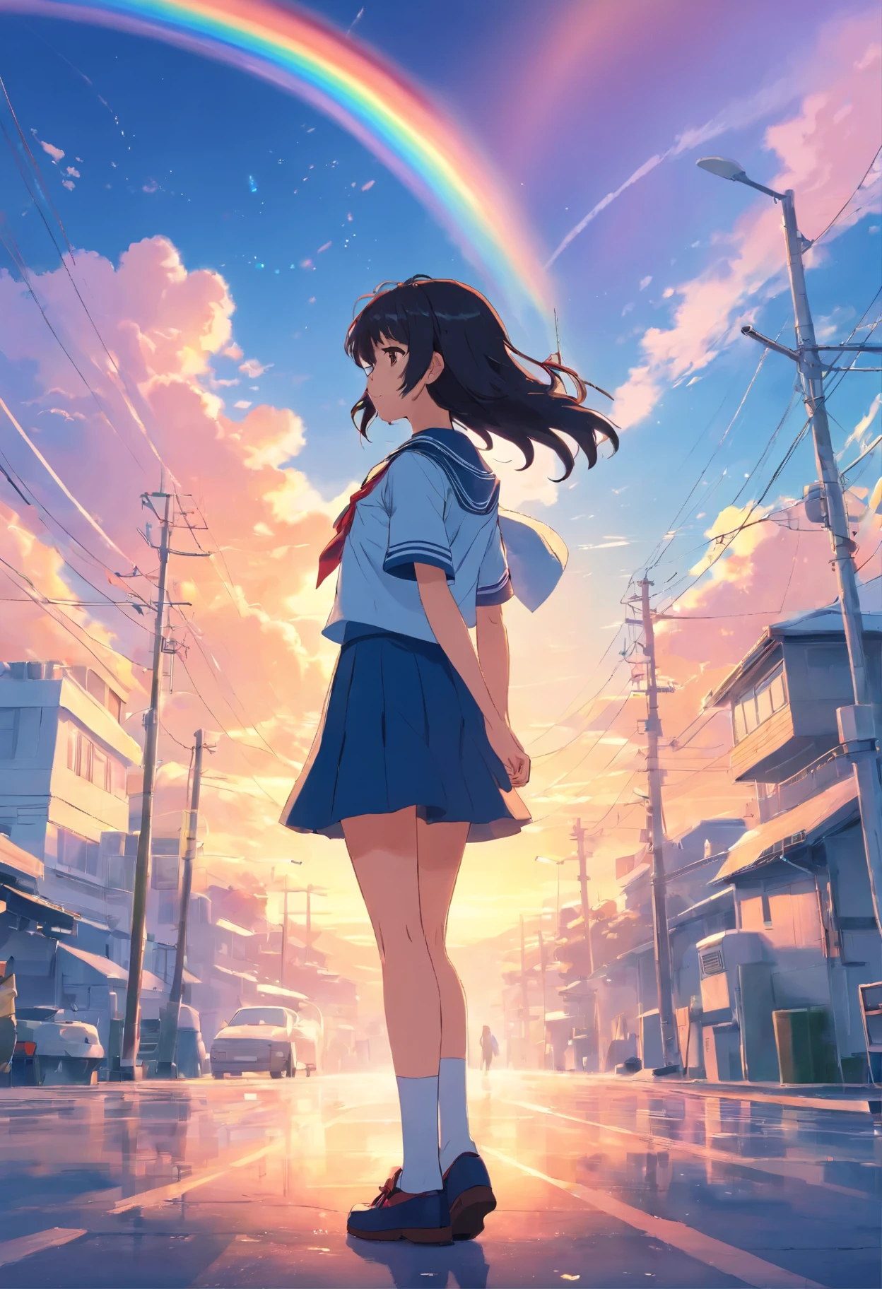masterpiece, highest quality, Movie stills, One Girl, Japanese Uniform,Sailor suit,Rainbow in the sky, bright, Happy, Black Hair,Long Hair,Curly Hair