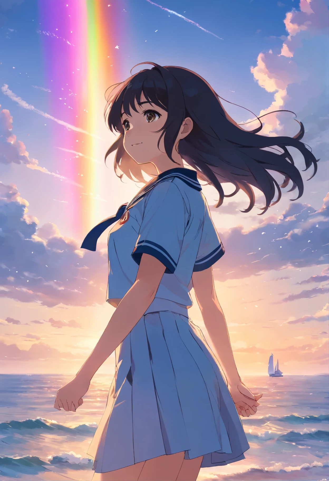 masterpiece, highest quality, Movie stills, One Girl, Japanese Uniform,Sailor suit,Rainbow in the sky, bright, Happy, Black Hair,Long Hair,Curly Hair