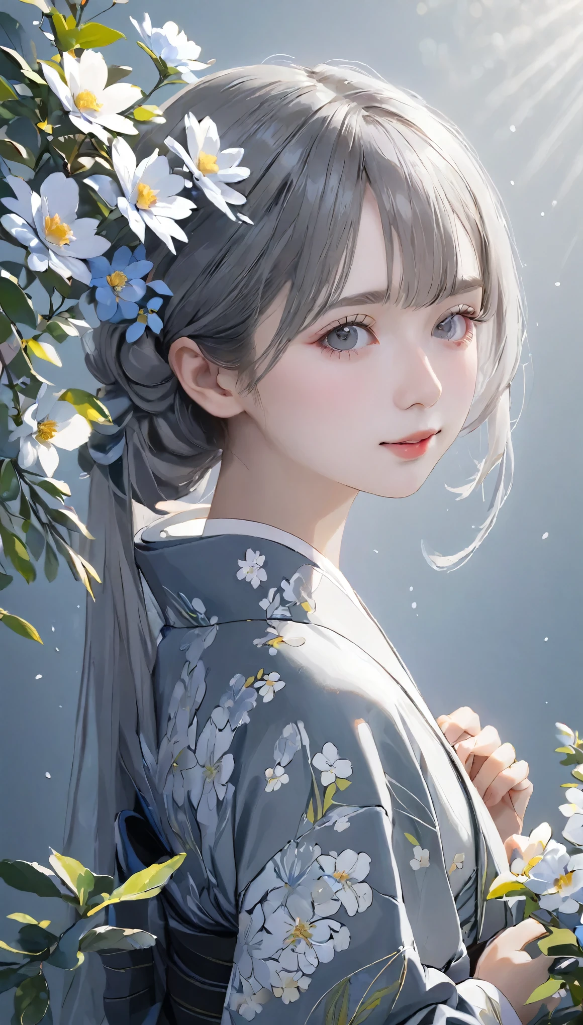 (((gray floral background:1.3)))、highest quality, Tabletop, High resolution, (((One Girl))), 16 years old,(((eyes are gray:1.3)))、Gray kimono、((美しいGray kimono)), Tyndall effect, Realistic, Shadow Studio,Ultramarine Lighting, Dual Tone Lighting, (High resolutionスキン: 1.2)、Pale colored lighting、Dim lighting、 Digital SLR, photograph, High resolution, 4K, 8k, Background Blur,Beautiful fade out、gray flower world