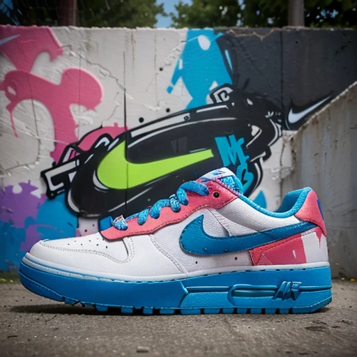 The image shows a Nike sneaker as if it were painted on an urban wall with graffiti. The sneaker is styled with vibrant colors and spray paint details., integrated into a graffiti mural that includes other urban artistic elements, como assinaturas de artistas e respingos de tinta. The scene is super realistic and in Full HD resolution