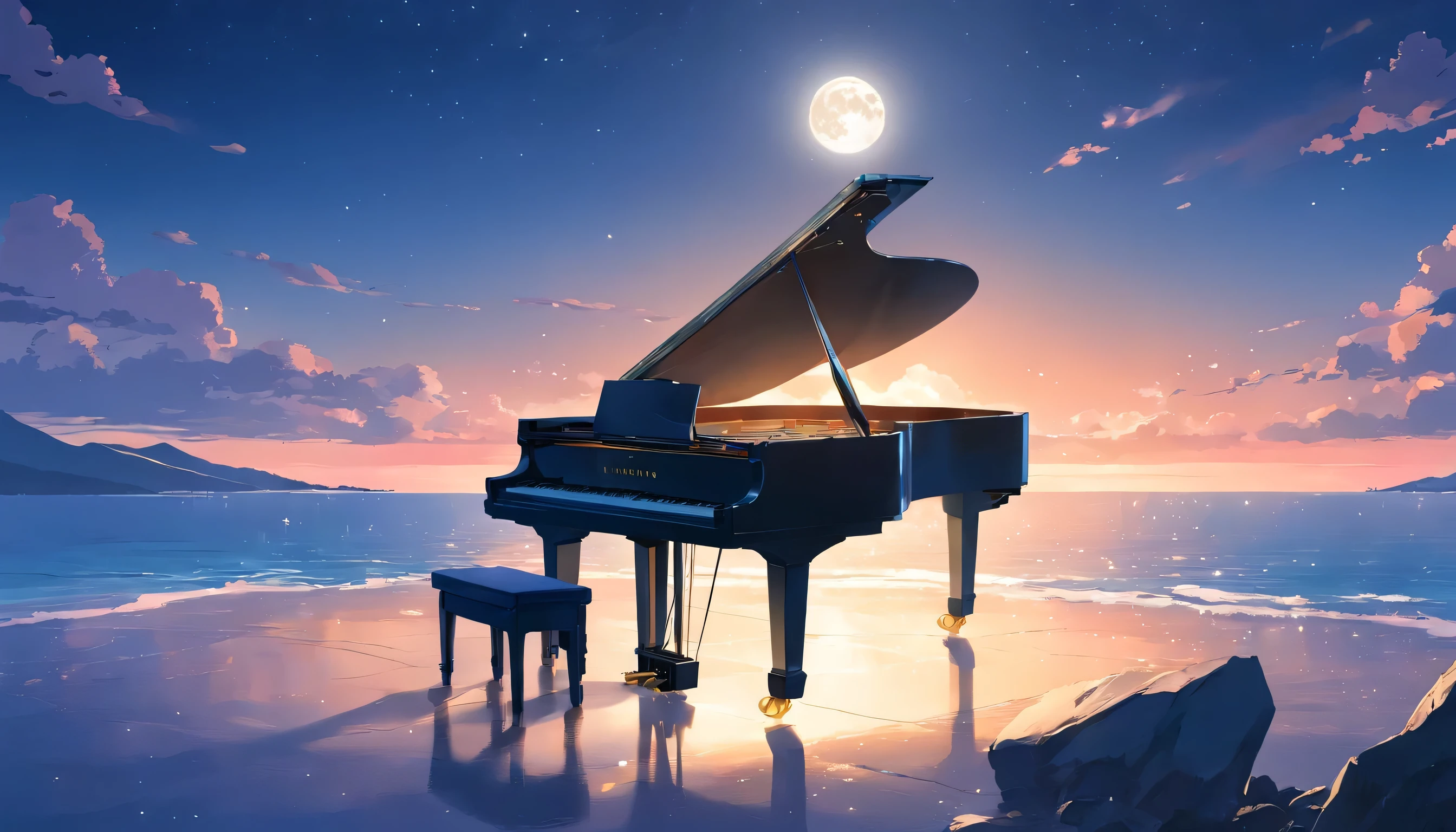 A grand piano illuminated by the full moon、You can see the ocean from the top of the mountain、The moonlight is reflected in the sea