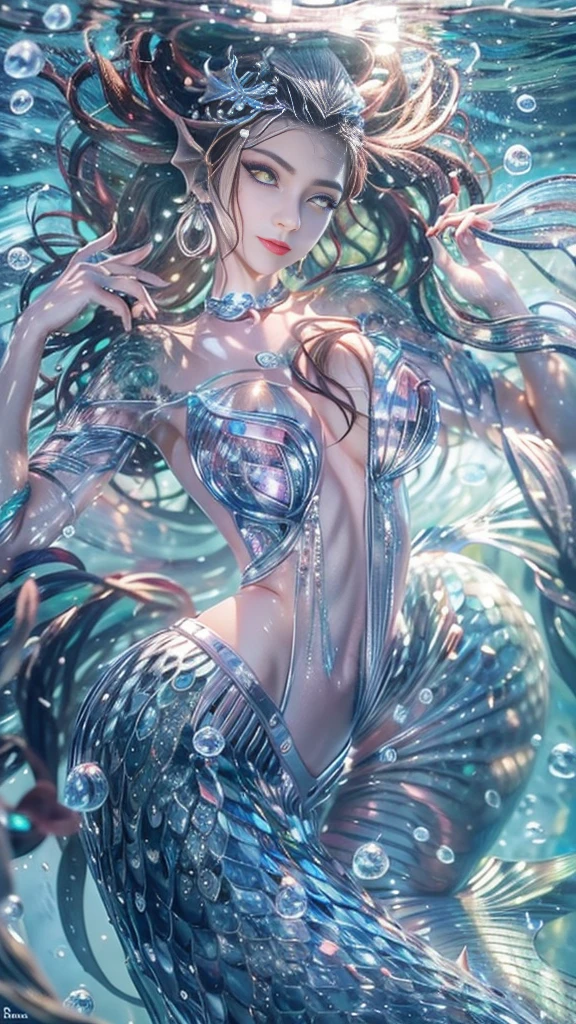 (RAW shooting, 32k:1.5, highest quality, masterpiece, Ultra-high resolution), (Under the sea at night:1.0, moonlight:0.7, Mystical Expressions:1.2, Expressions of sadness:1.0), Fractal Art:1.2, Perfect dynamic composition:1.2, 非常にdetailedな肌と顔の質感:1.2, (Dynamic flow of water waves:1.2, Slim Mermaid:1.2, Mermaid tail), Viewing the subject from a distance, Fair skin:1.0, Incredibly slim body:1.1, Very beautiful face:1.0, Water droplets on the skin, detailed, (Rain drips down on my body:0.9, Wet body:0.9, Wet Hair:0.9), (Posing Pro:0.9, Professional dressing:0.9, Gorgeous silver shiny mermaid dress portrait:1.1, Woven Belt), Shapely breasts, (Big eyes that exude beauty, Beautiful lips), Totally captivates you, Very sweet atmosphere, necklace, Earrings, bracelet