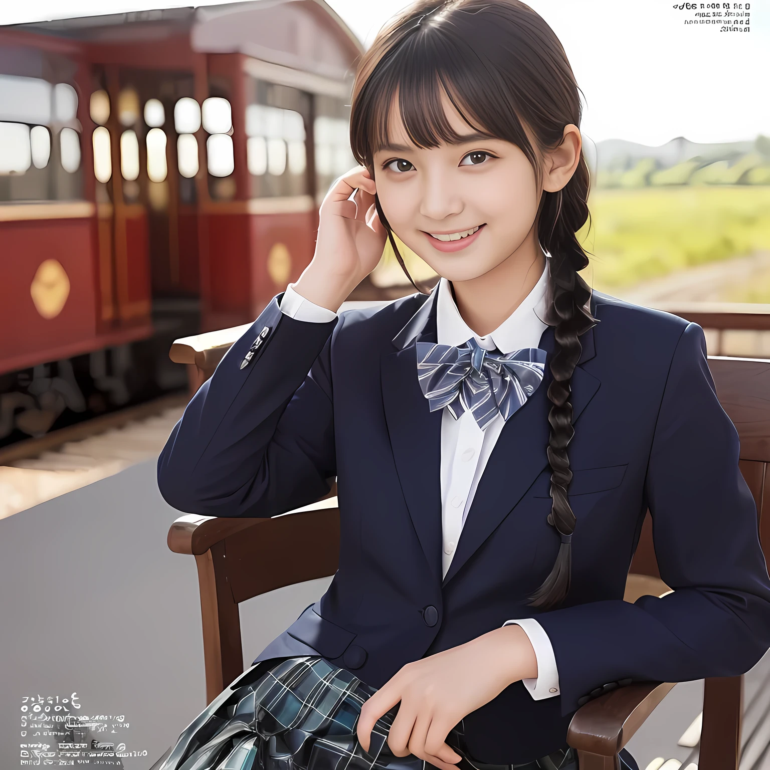 (highest quality, masterpiece:1.2), highest quality, Realistic, photograph, High resolution, 1080p, 8K, Physical Rendering, ((Height: 155cm)), Japanese girl、((((((A 15 year old beautiful Japanese fashion magazine's fashion model is looking straight at the viewer)))))), (((big very detailed beautiful dark brown eyes))), ((((laughing at me!)))), detailed fingers, (((curled blunt bangs))), ((((Very noble and cute eyes, carefully drawn with great attention to detail)))), ((double eyelids)), (((long eyelashes))), ((cute lovely lovely laughing laughing cheeks)), ((The pure white light hits my nose and cheeks. Her eyes and white facial skin shine beautifully white.)), (((((Her facial features are very expressive lovely smile, very sweet, very very intelligent))))), ((((impressive plain navy large school ribbon bow tie in plain)))), ((((black very beautiful and very long braids hair)))), (((blue and navy colored tartan checkered formal long pleated skirt))), ((((A formal dark blue blazer in solid that is slightly oversized and with a golden emblem)))), ((As elegant as a noble princess)), ((Seated on a chair of platform at a rural railway station)), ((Shooting the whole body from the side))