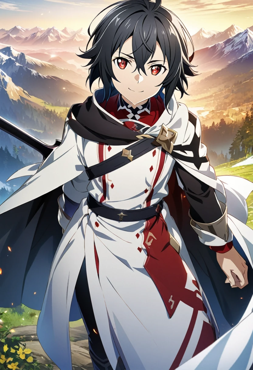 Hyakuya Mikaela \(Sword Art Online\), short black hair, ruby red eyes:1.2, male, heroic costume, bangs, gentle smile, black sword, ((ultra-detailed)), ((illustration)), ((neat hair)), (beautiful detailed eyes), male, 1boy, standing, ((mountain)), looking at viewer